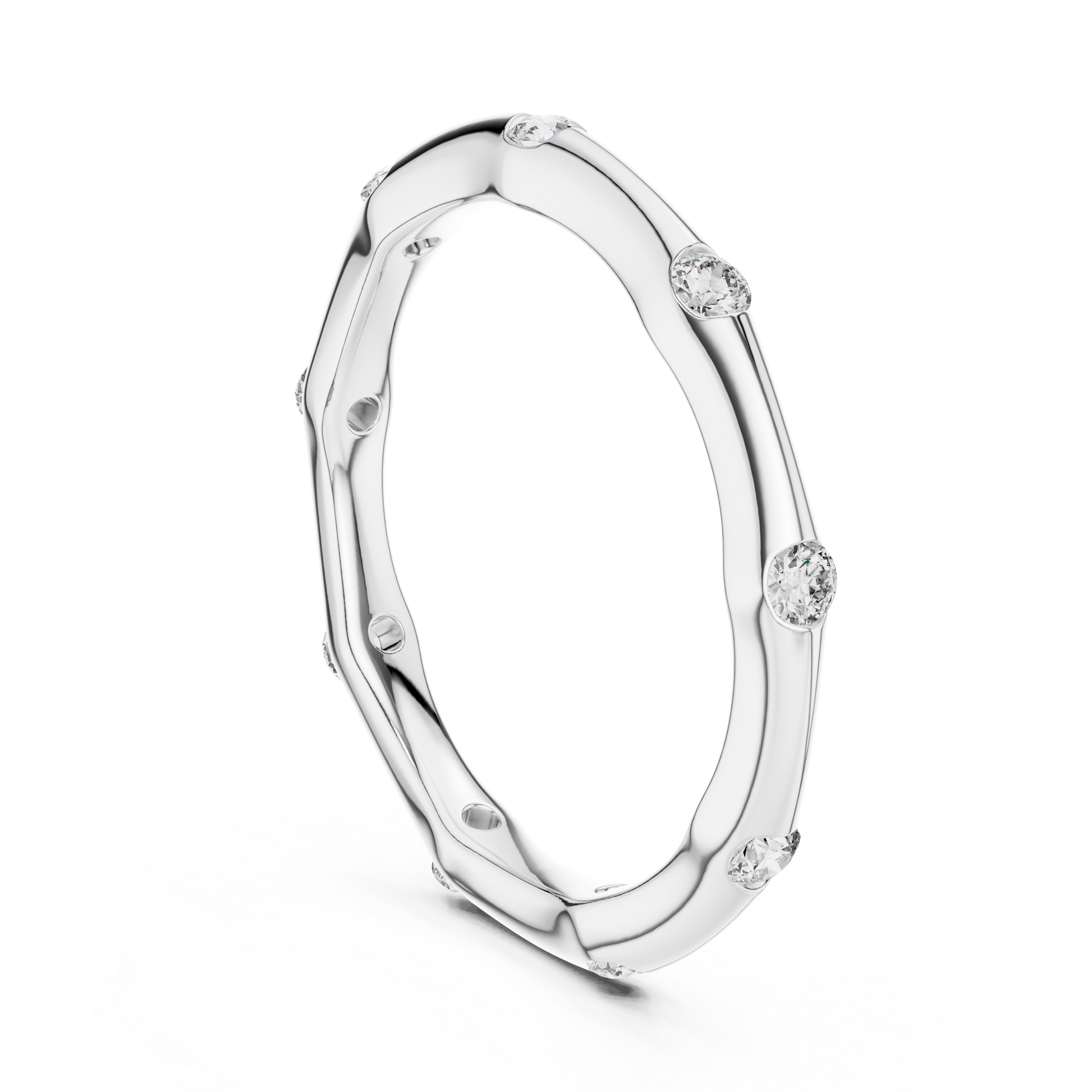 Bamboo-Inspired Round Cut Moissanite Stackable Ring in Sterling Silver