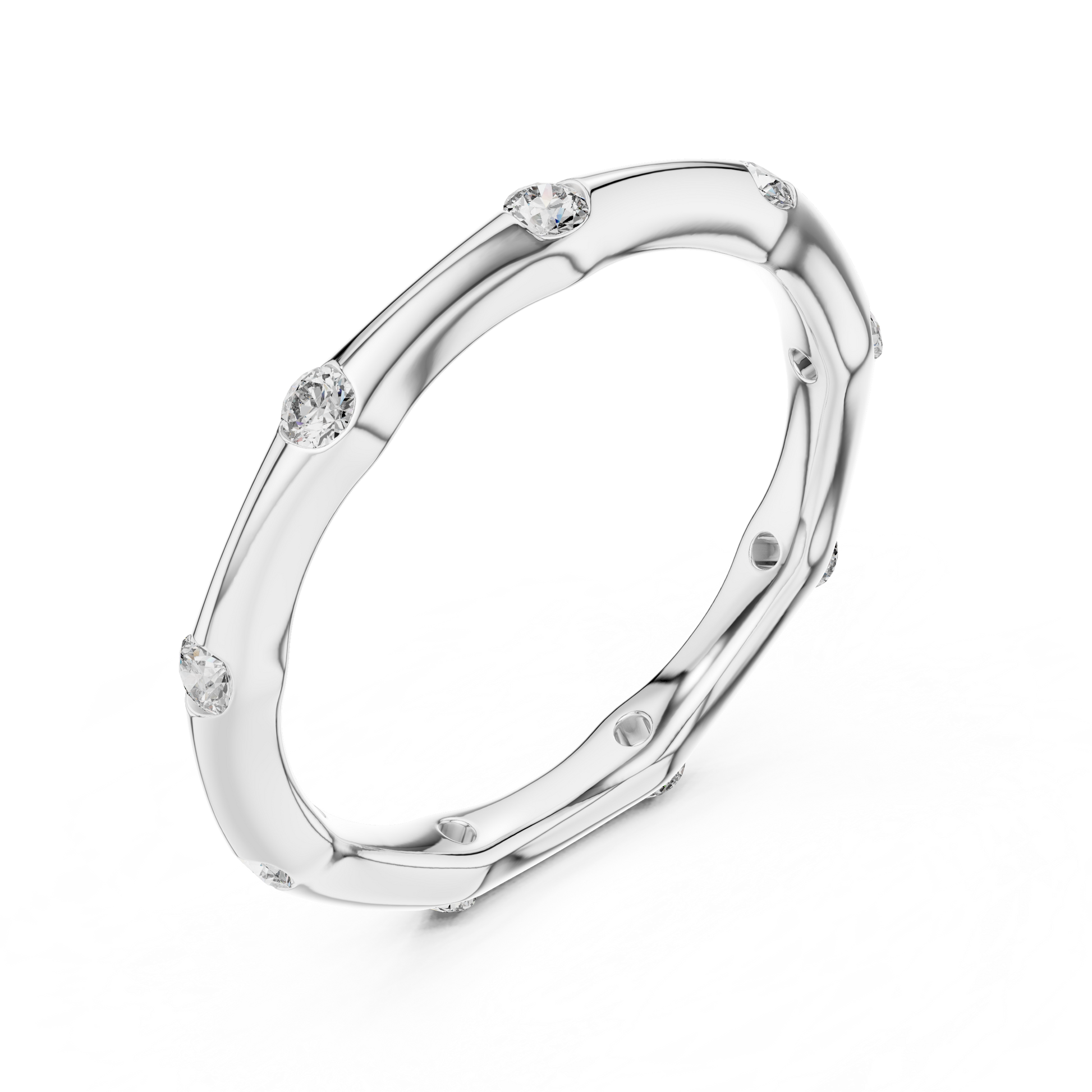 Bamboo-Inspired Round Cut Moissanite Stackable Ring in Sterling Silver
