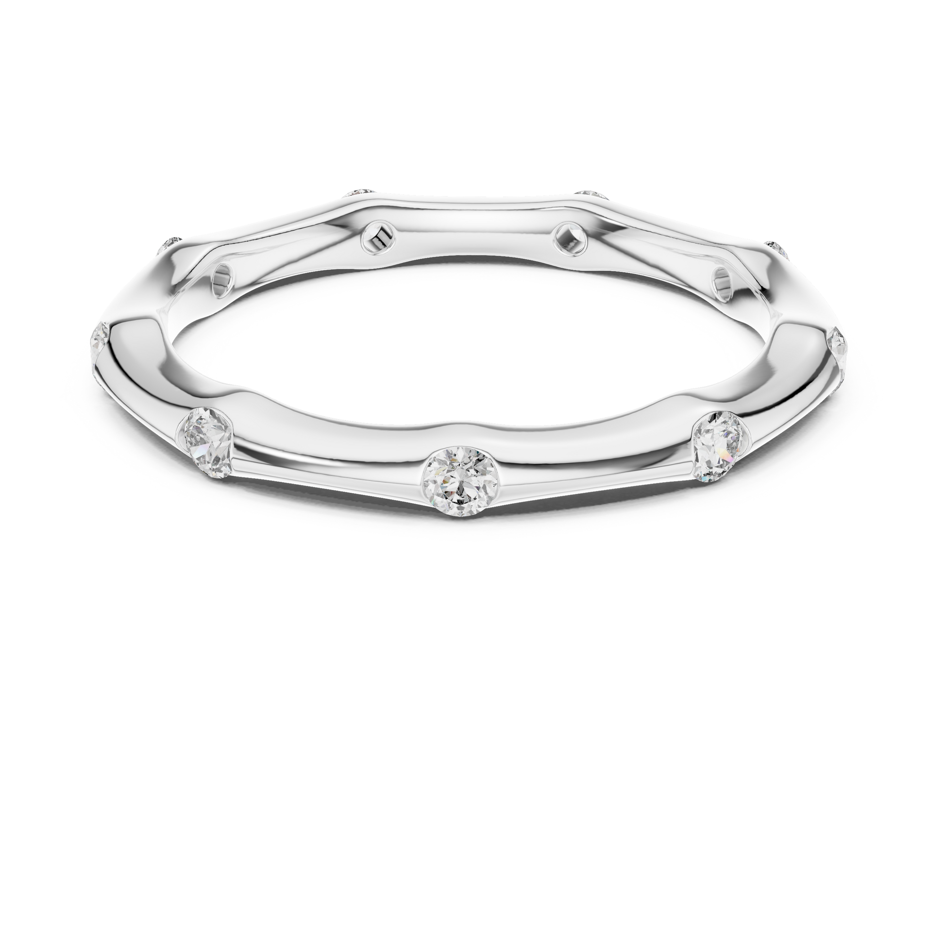 Bamboo-Inspired Round Cut Moissanite Stackable Ring in Sterling Silver