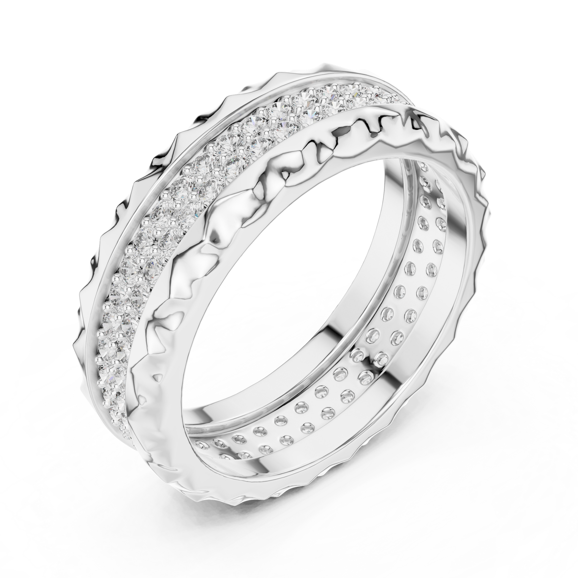 Bold Crater Edge Pavé Diamond Wide Eternity Band – Statement Wedding &amp; Anniversary Ring