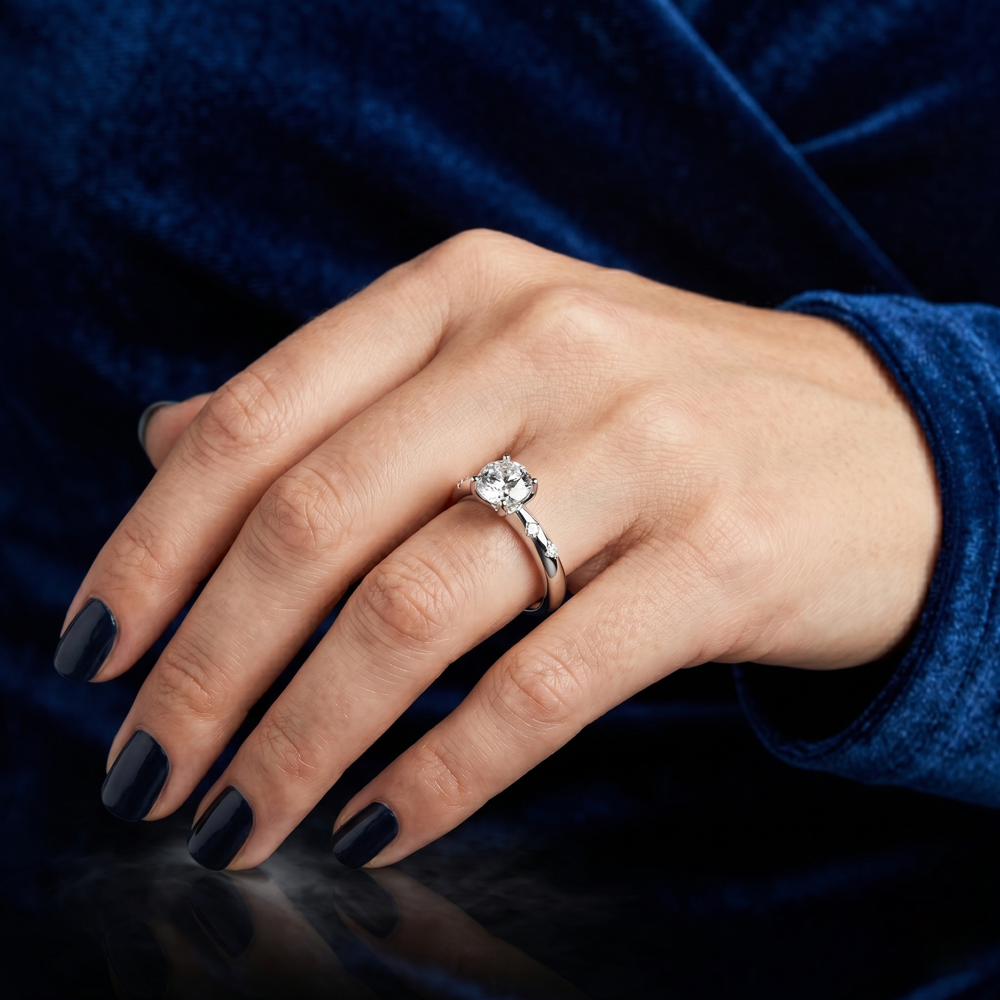 Round-Cut Moissanite Solitaire Engagement Ring with Tiny Round Accent Diamonds