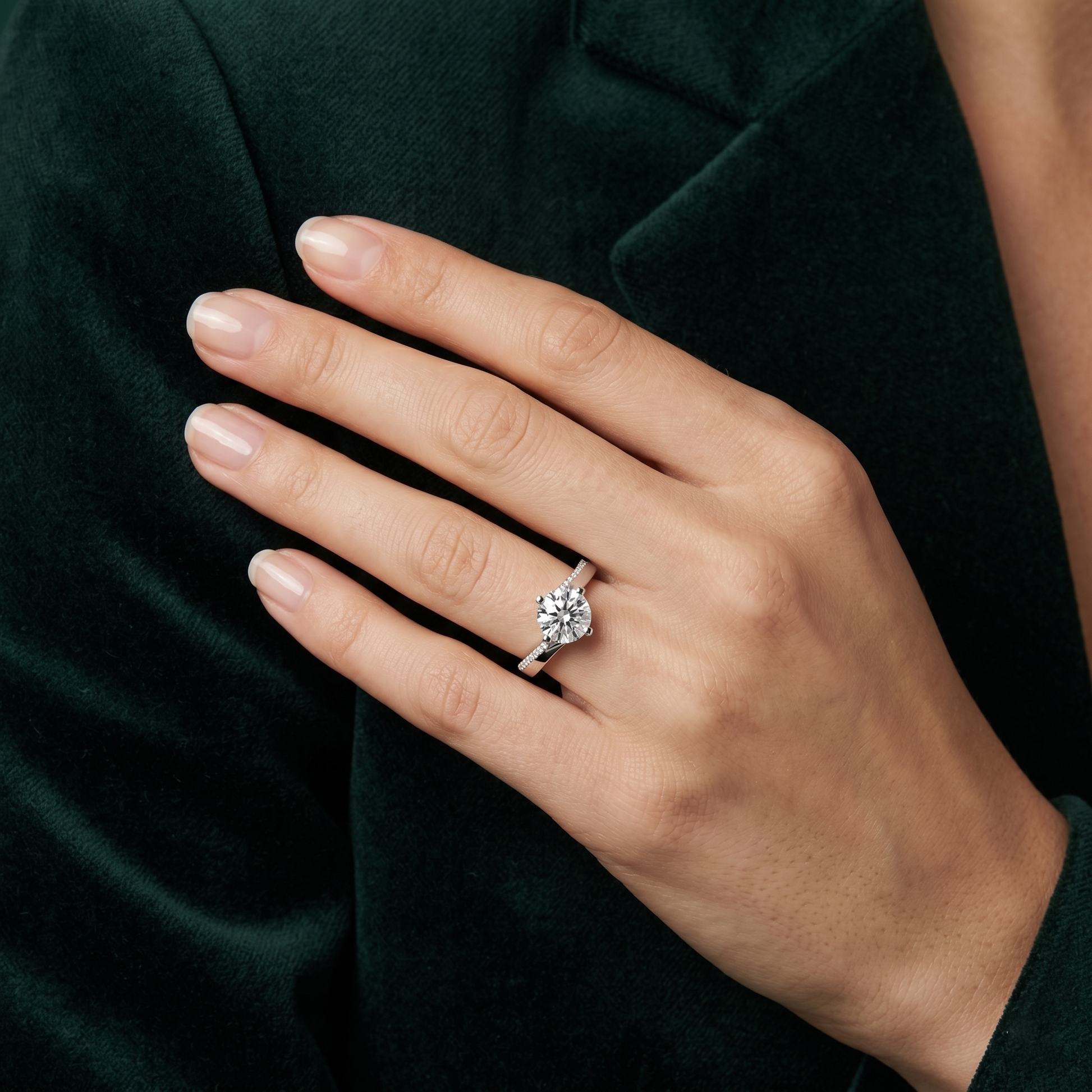 Sterling Silver Moissanite Round Cut Engagement Ring, Asymmetric Twirl Solitaire