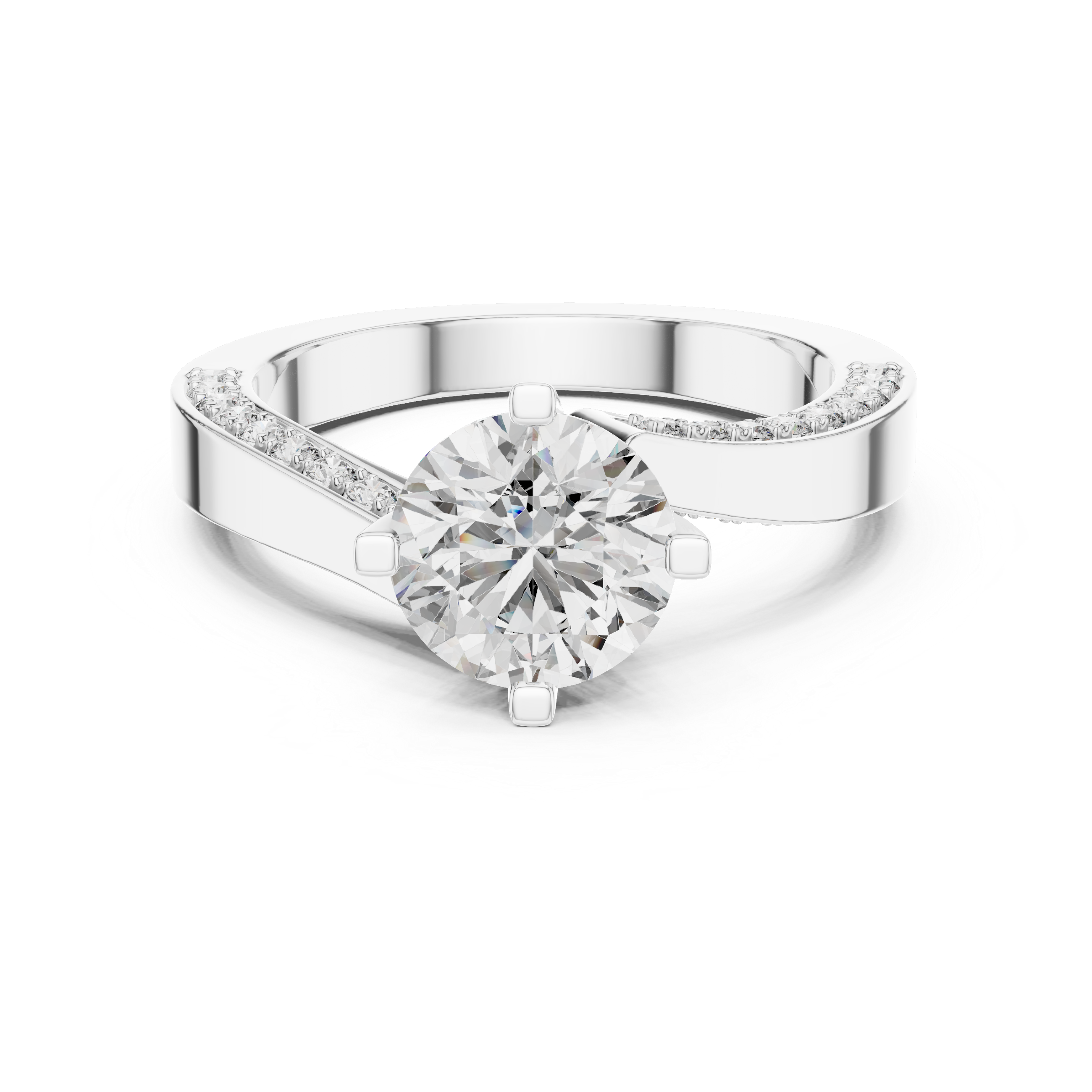 Sterling Silver Moissanite Round Cut Engagement Ring, Asymmetric Twirl Solitaire