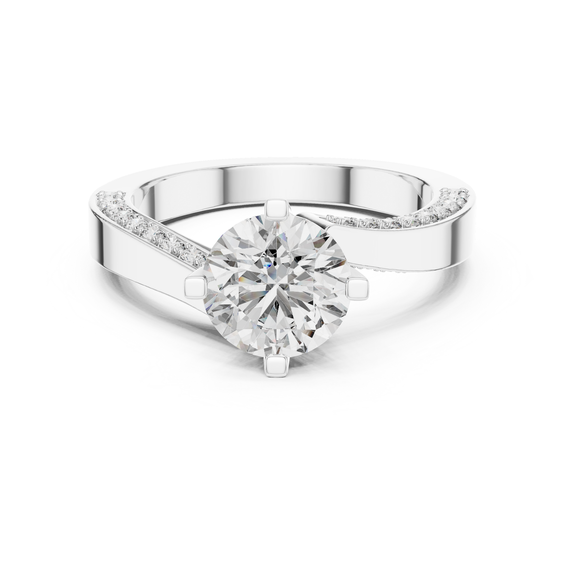 Sterling Silver Moissanite Round Cut Engagement Ring, Asymmetric Twirl Solitaire