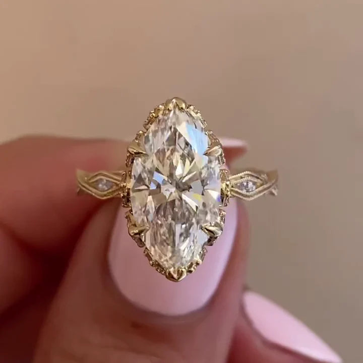 Marquise 3 Carat Lab Grown Diamond Unique Side Stone Band IGI Certified Engagement Ring