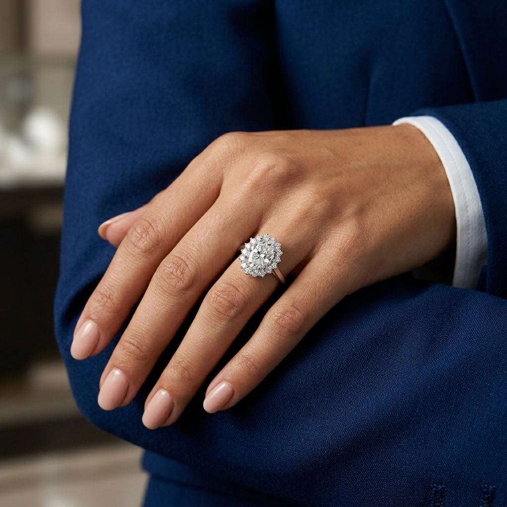925 Sterling Silver Oval-cut Moissanite Halo Engagement Ring for Women