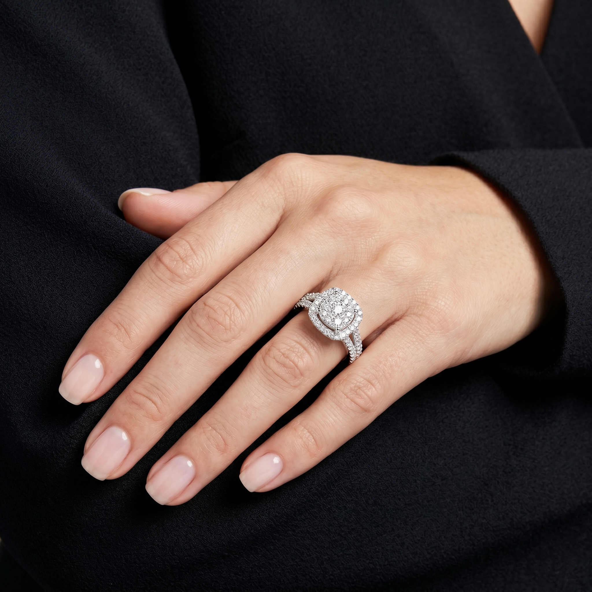 Sterling Silver Cluster Halo Engagement Ring with Simulated Moissanite Diamonds