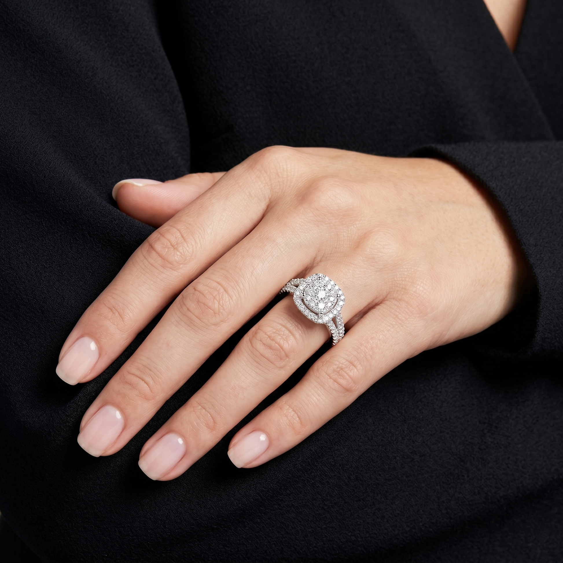 Sterling Silver Cluster Halo Engagement Ring with Simulated Moissanite Diamonds