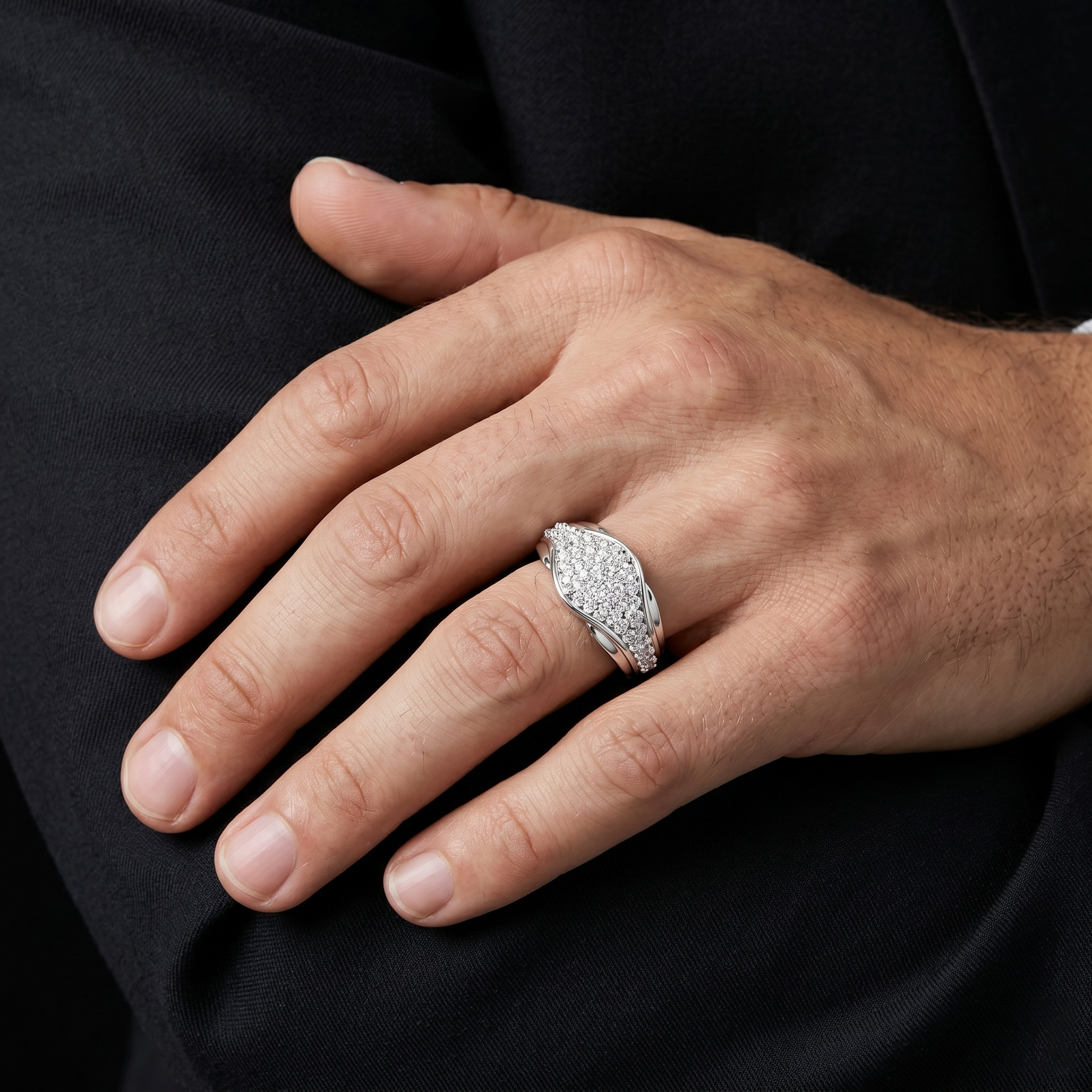 Sterling Silver Cluster Diamond Wide Contemporary Statement Ring
