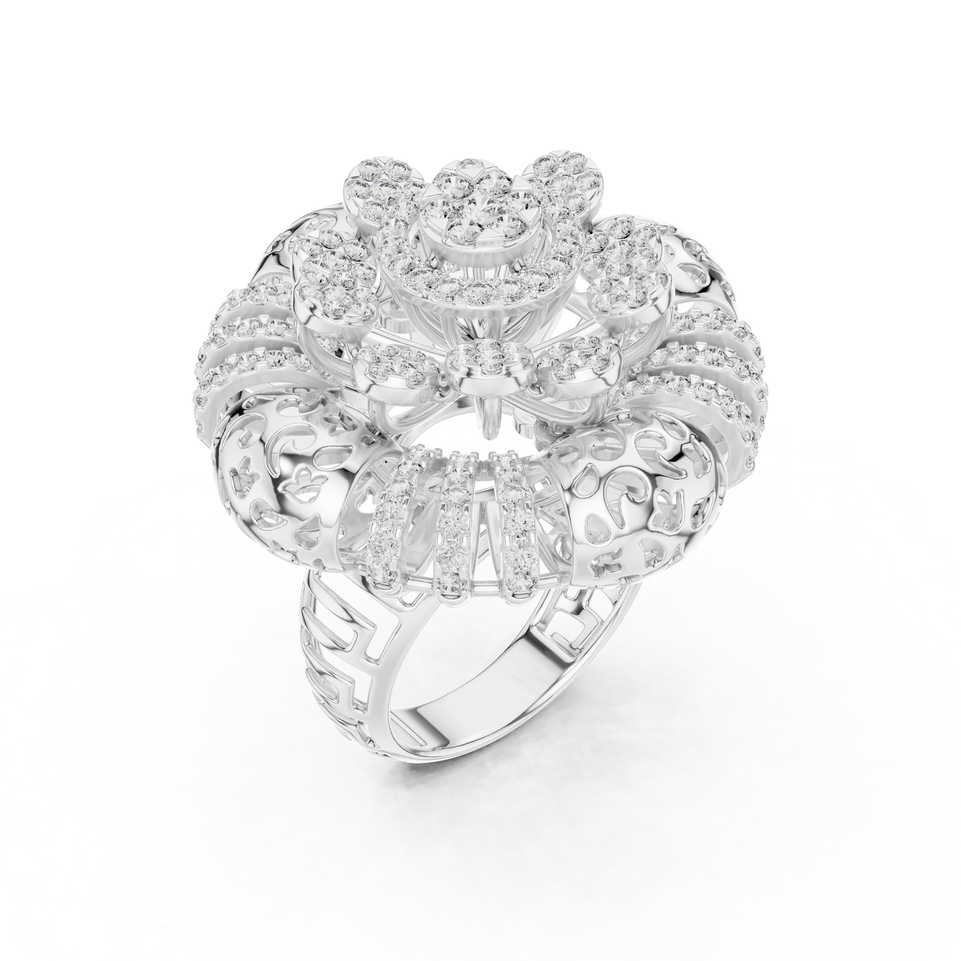 Imperial Bloom Floral Cocktail Ring – Multi-Tiered Diamond Cluster Statement Piece