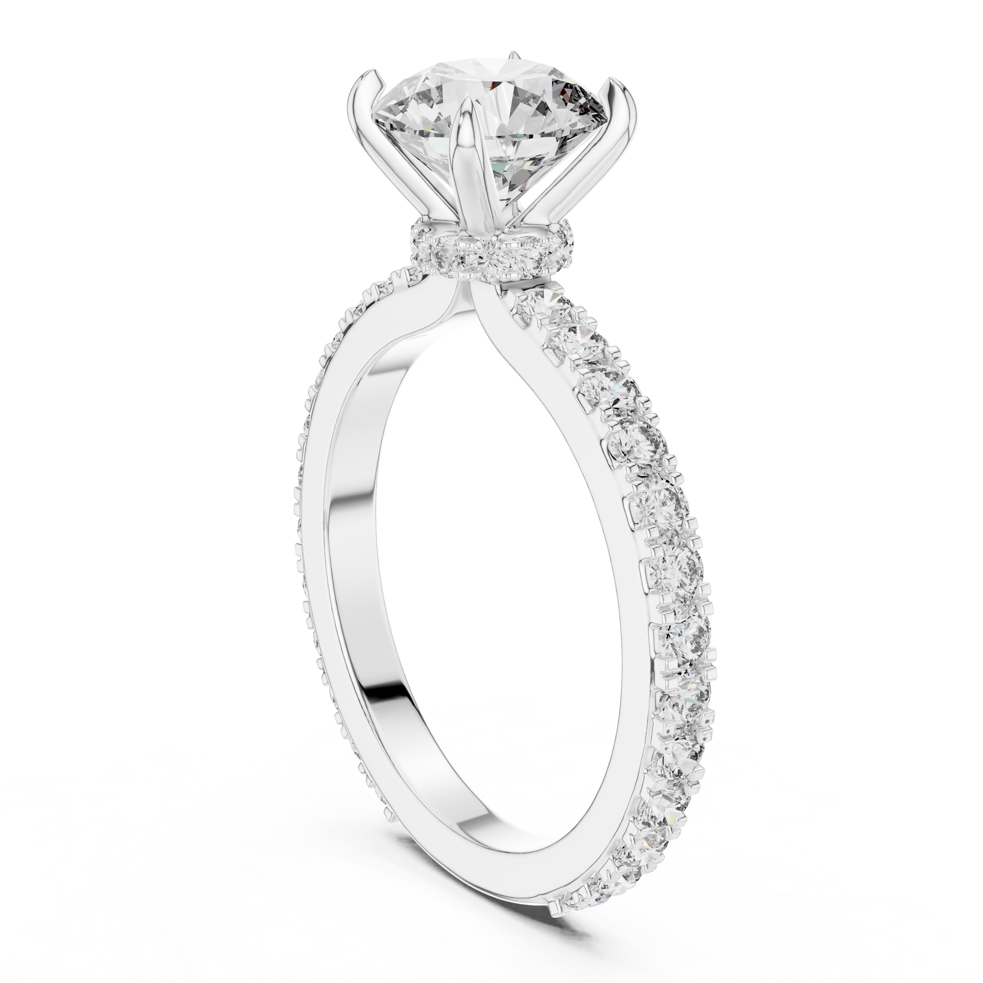 Round Moissanite Solitaire Engagement Ring with Hidden Halo in Sterling Silver