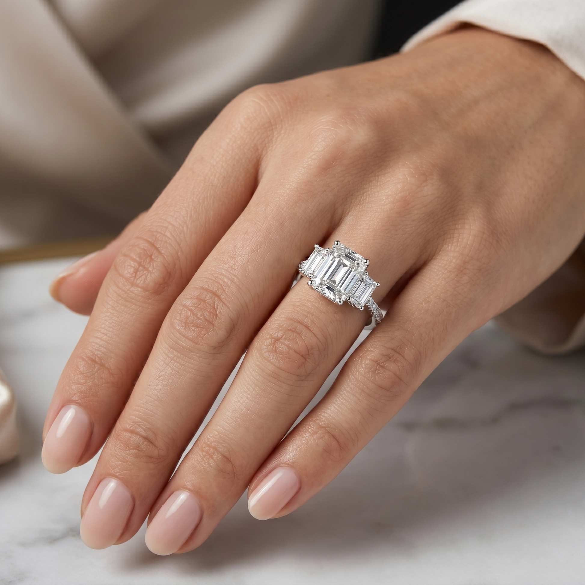 Three-Stone Trilogy Engagement Ring with Emerald-Cut Center Stone