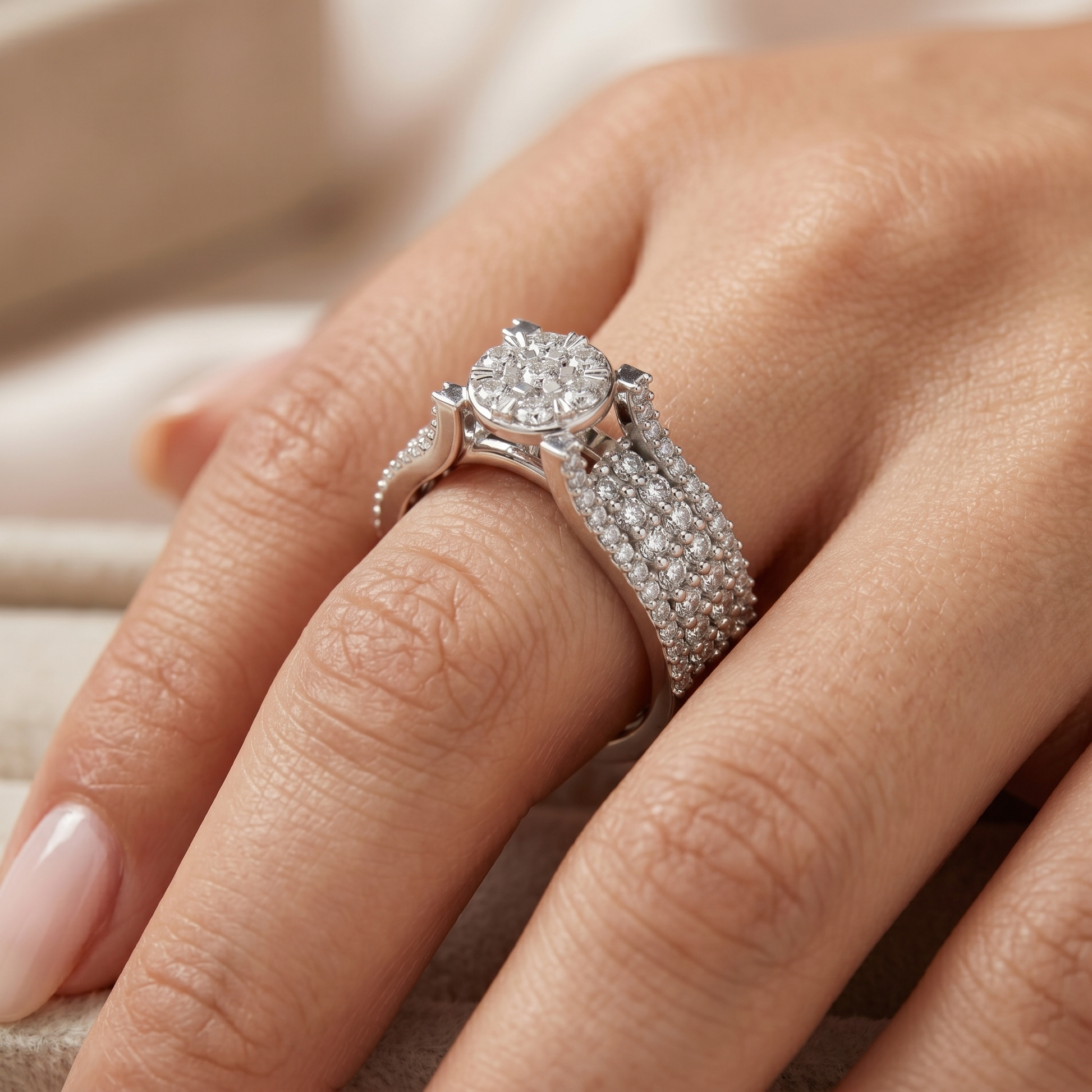 Round Diamond Cluster Pavé-Set Wide Band Multi-Row Statement Engagement Ring