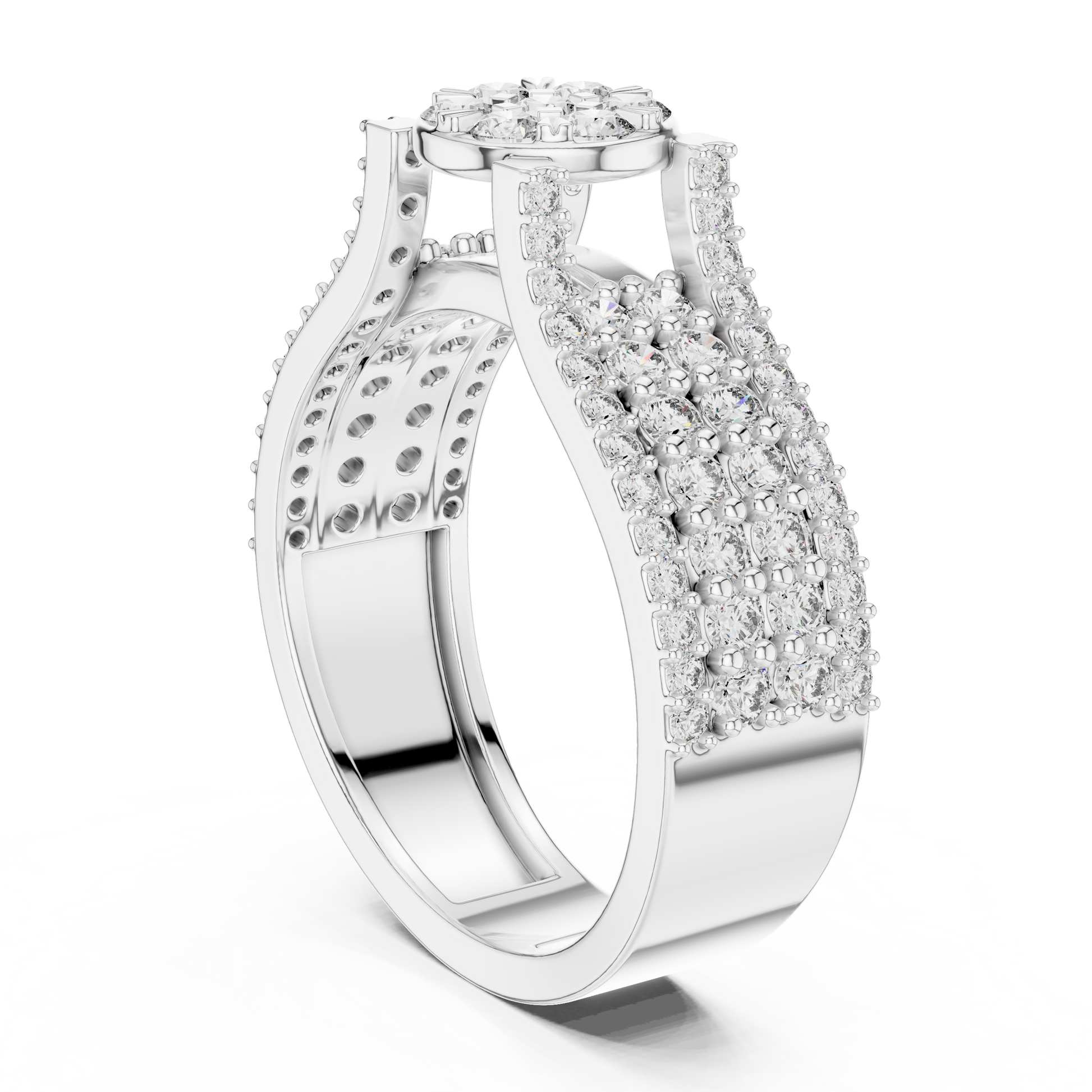 Round Diamond Cluster Pavé-Set Wide Band Multi-Row Statement Engagement Ring