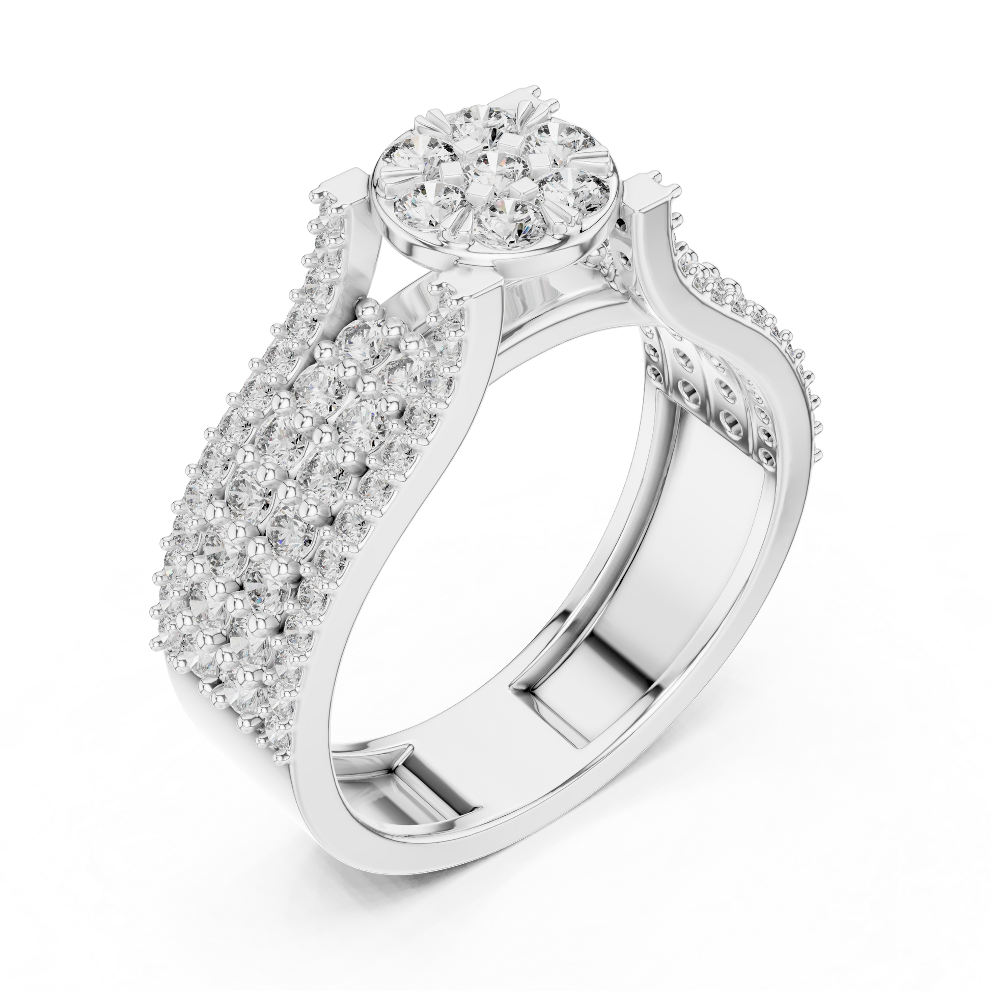 Round Diamond Cluster Pavé-Set Wide Band Multi-Row Statement Engagement Ring