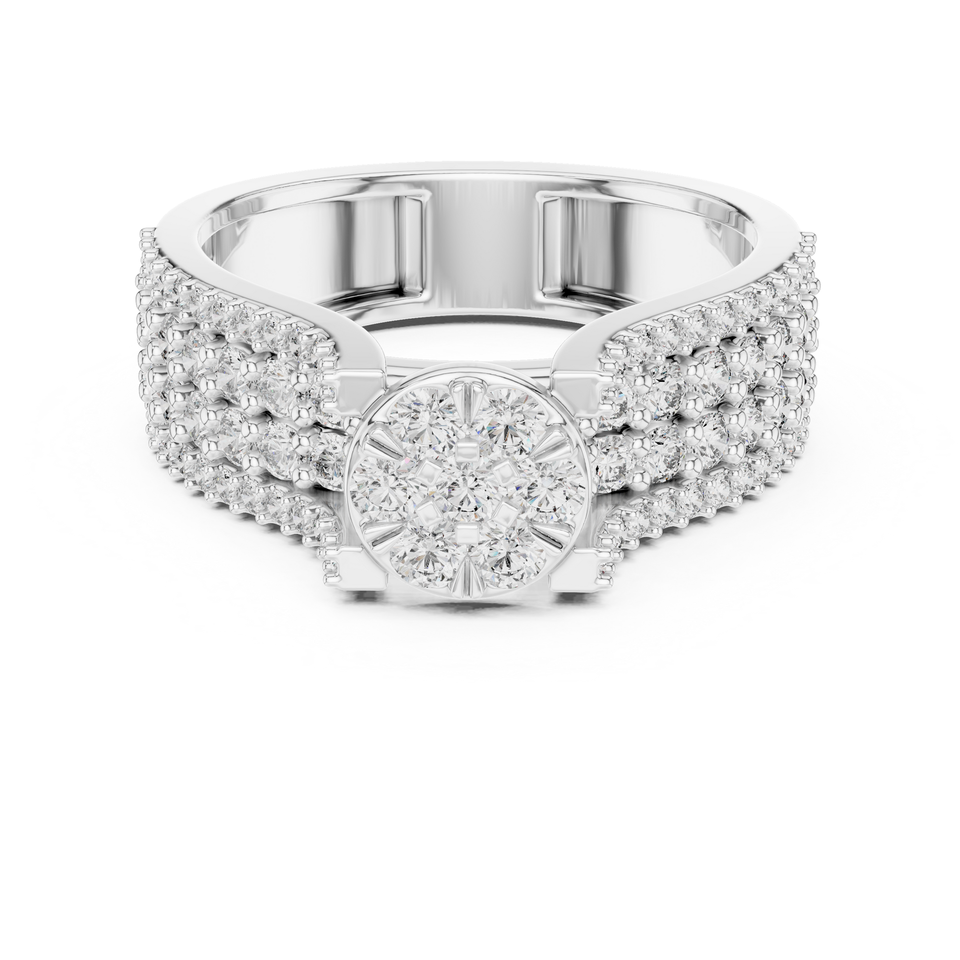 Round Diamond Cluster Pavé-Set Wide Band Multi-Row Statement Engagement Ring