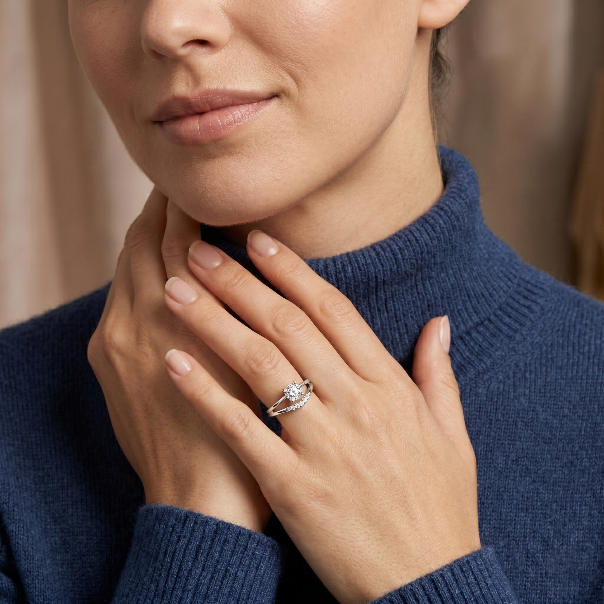 Modern Minimalist Solitaire Round Moissanite Sterling Silver Bypass Promise Ring