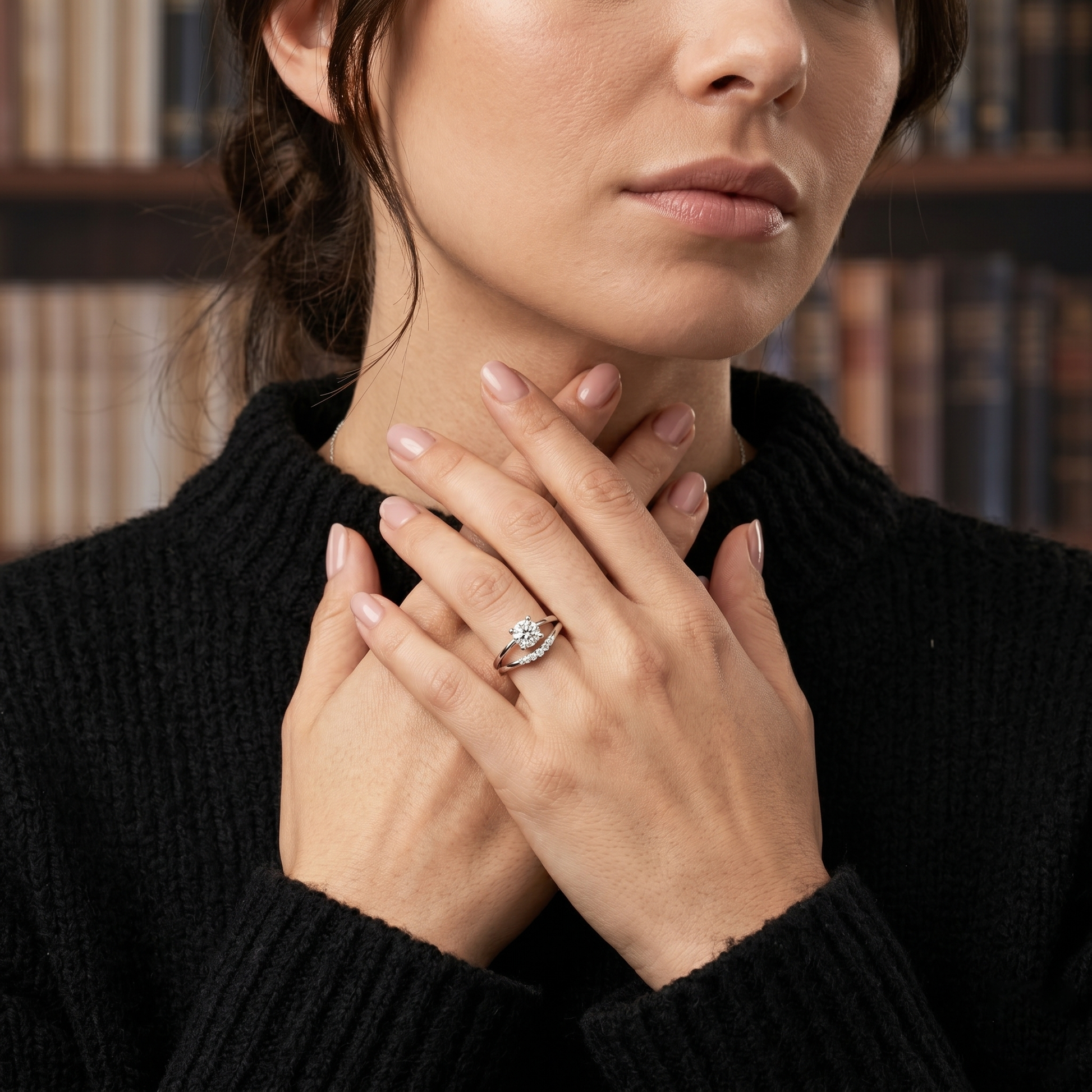 Modern Minimalist Solitaire Round Moissanite Sterling Silver Bypass Promise Ring