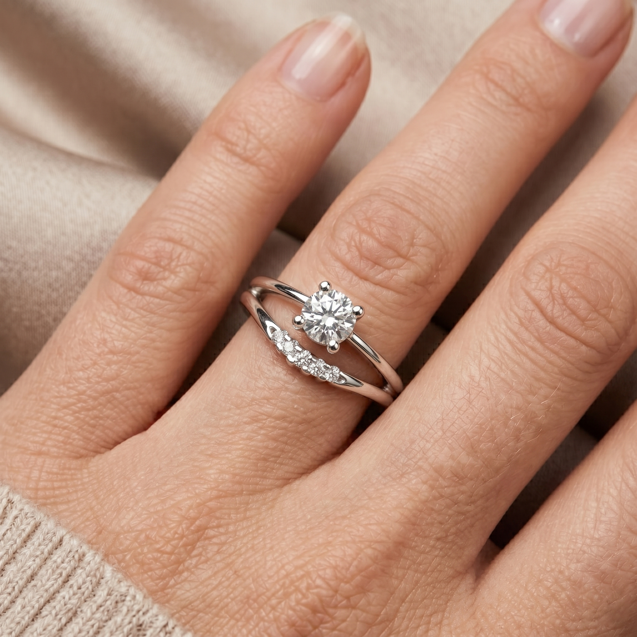 Modern Minimalist Solitaire Round Moissanite Sterling Silver Bypass Promise Ring
