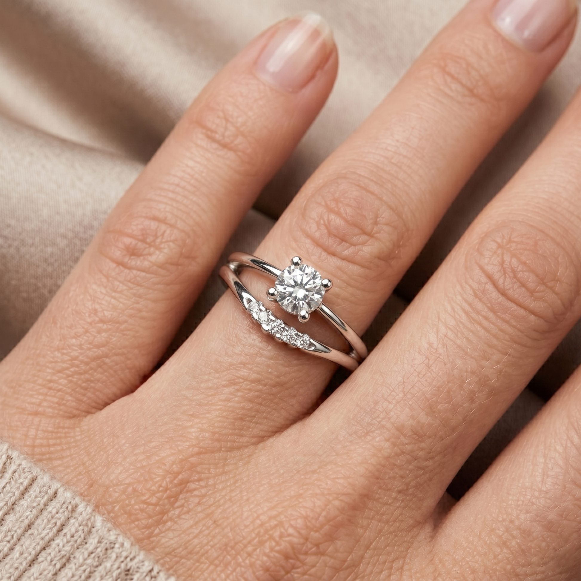 Modern Minimalist Solitaire Round Moissanite Sterling Silver Bypass Promise Ring