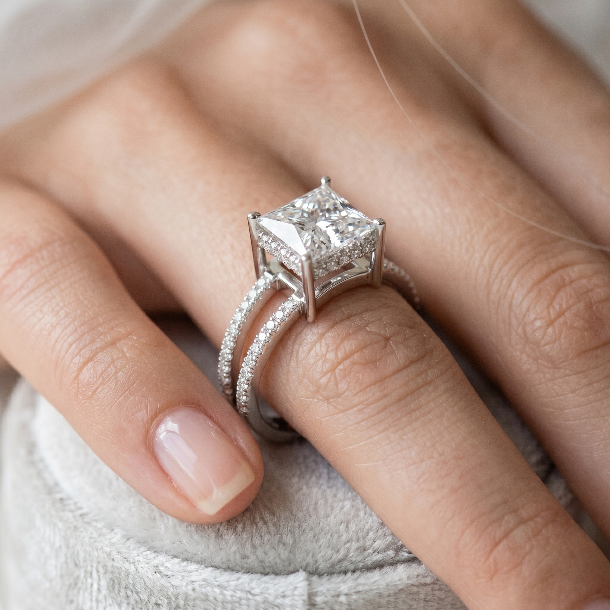 Princess-Cut Moissanite Hidden Halo Split-Shank Sterling Silver Engagement Ring