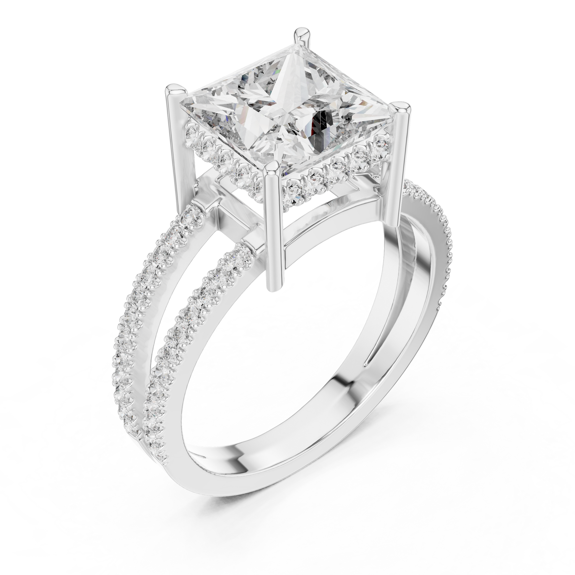 Princess-Cut Moissanite Hidden Halo Split-Shank Sterling Silver Engagement Ring