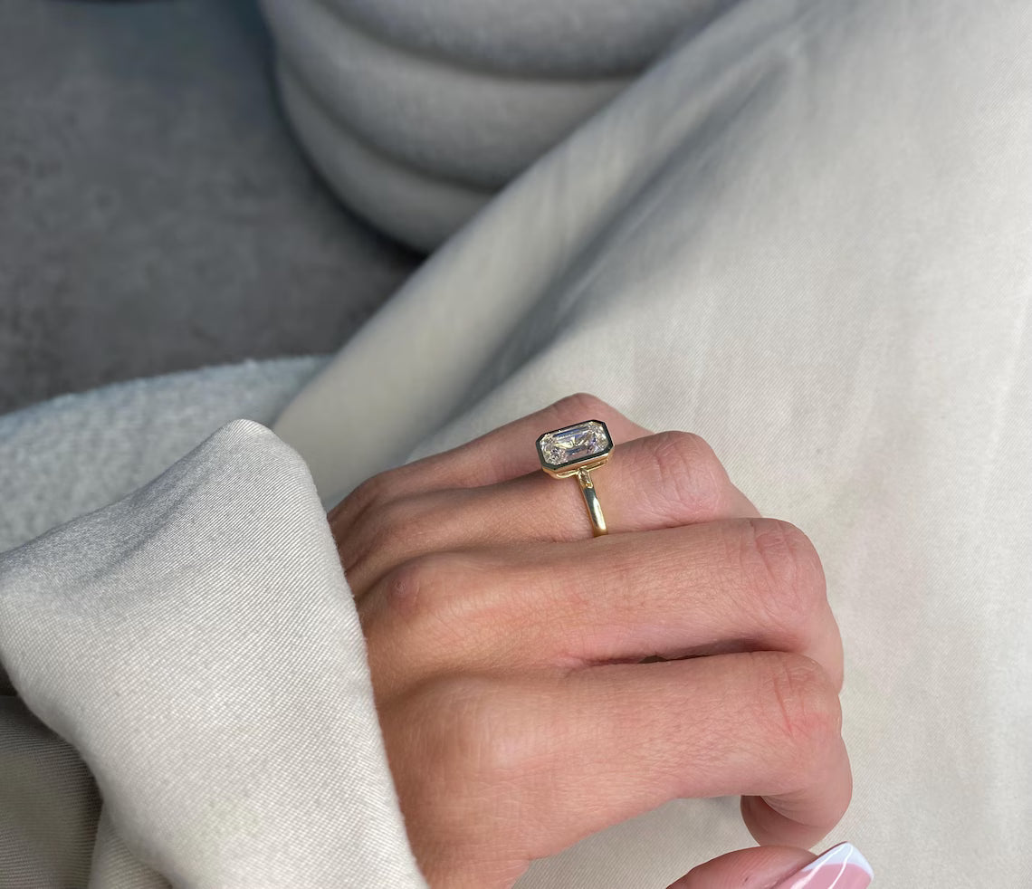 14K Gold Bezel 3 Carat Emerald Cut Lab Grown Diamond Engagement Ring IGI Certified