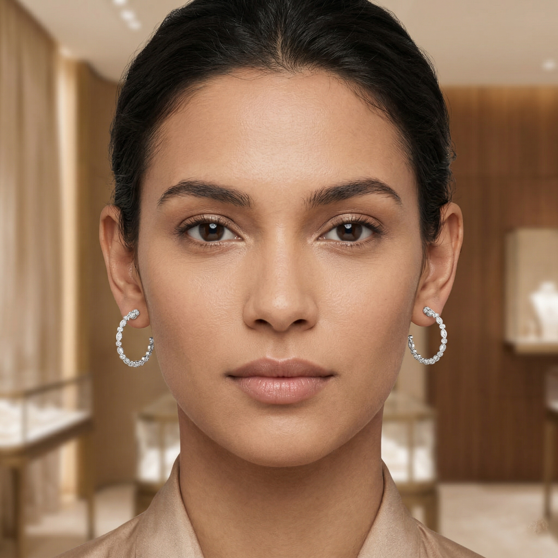Marquise & Round Cut Moissanite Diamond Bezel Set Diamonds In An Open Hoop Style Earring