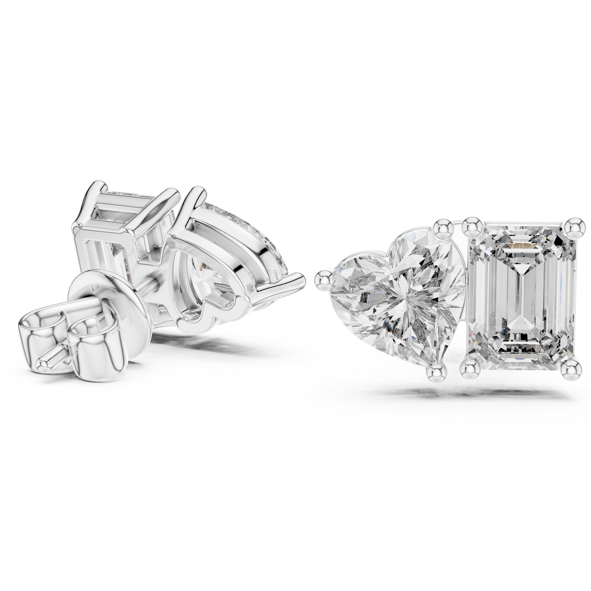 1 CT Heart & 1 CT Emerald Toi Et Moi Style Moissanite Diamond Stud Earrings
