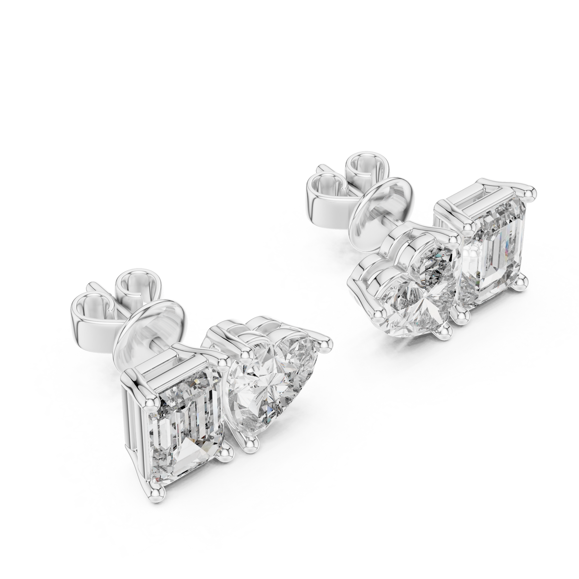1 CT Heart & 1 CT Emerald Toi Et Moi Style Moissanite Diamond Stud Earrings
