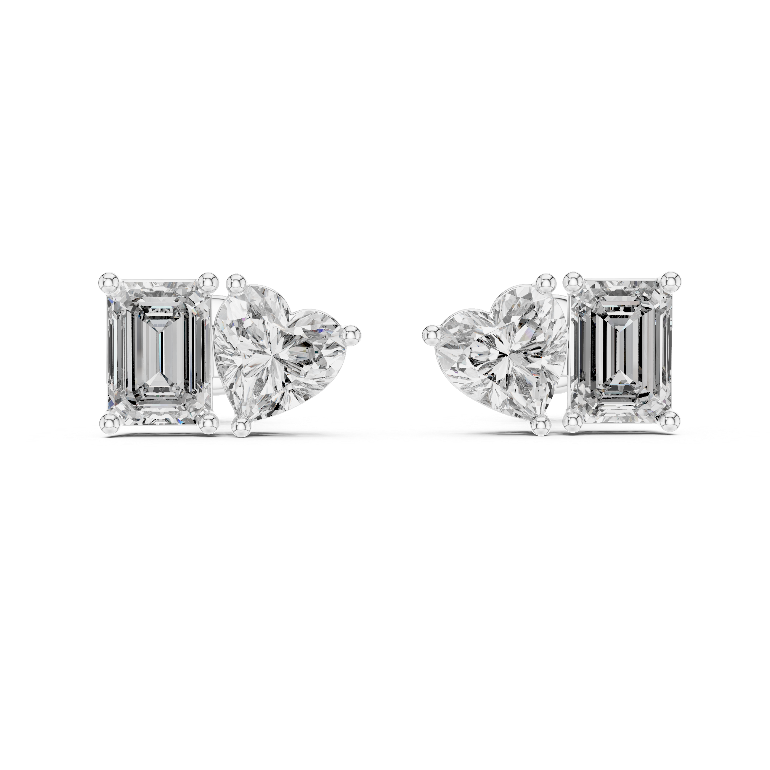 1 CT Heart & 1 CT Emerald Toi Et Moi Style Moissanite Diamond Stud Earrings