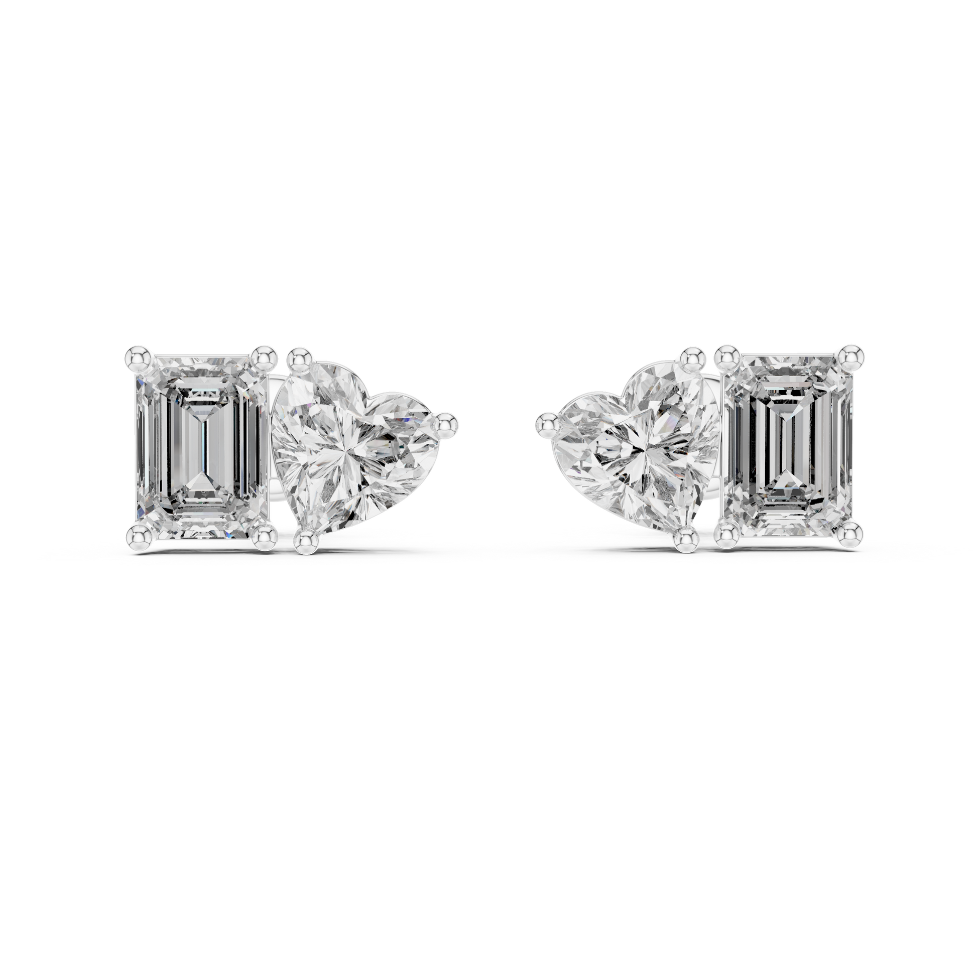1 CT Heart & 1 CT Emerald Toi Et Moi Style Moissanite Diamond Stud Earrings