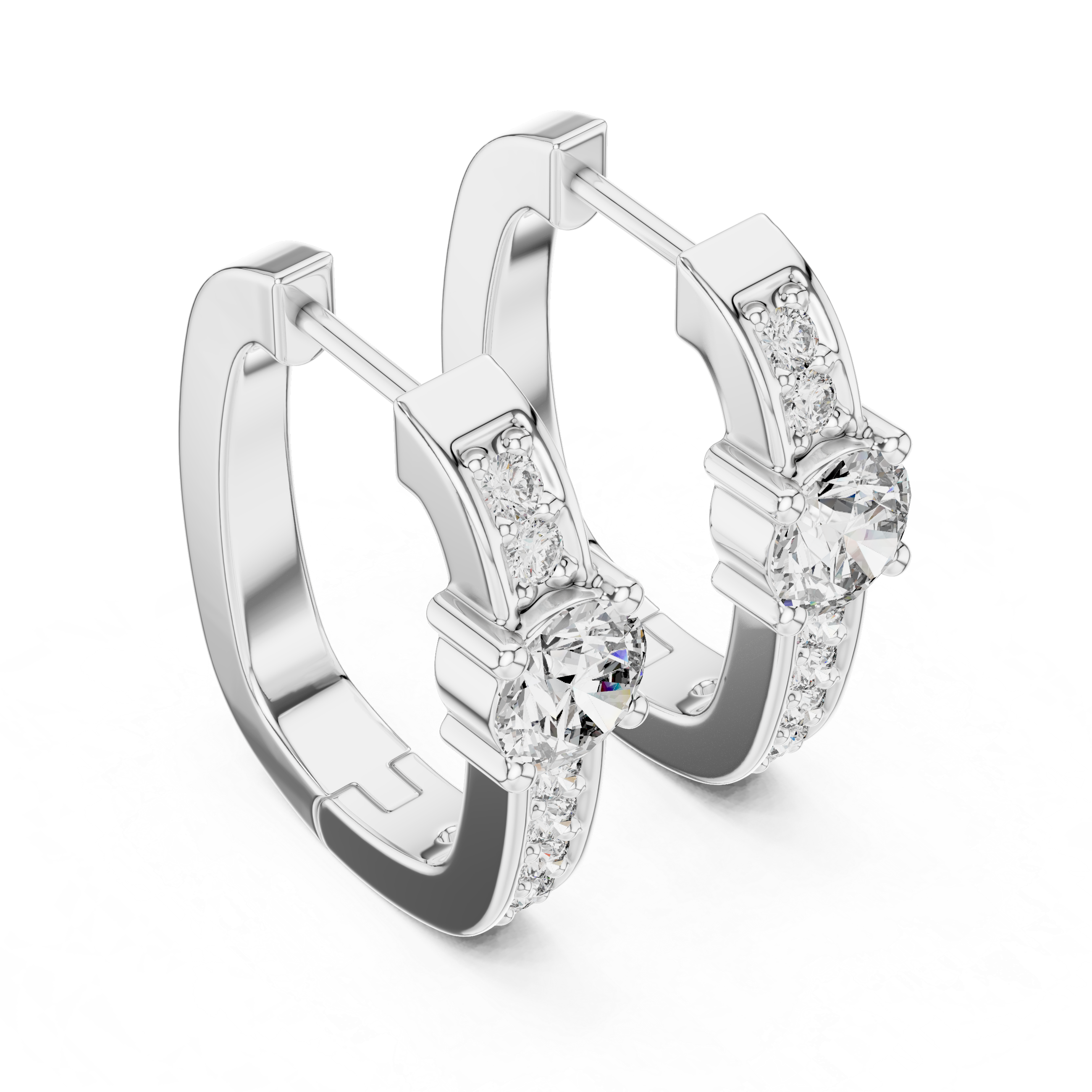 Prominent Center Round Diamond Surrounded By Smaller Pavé-Set Stones Hoop Earrings 