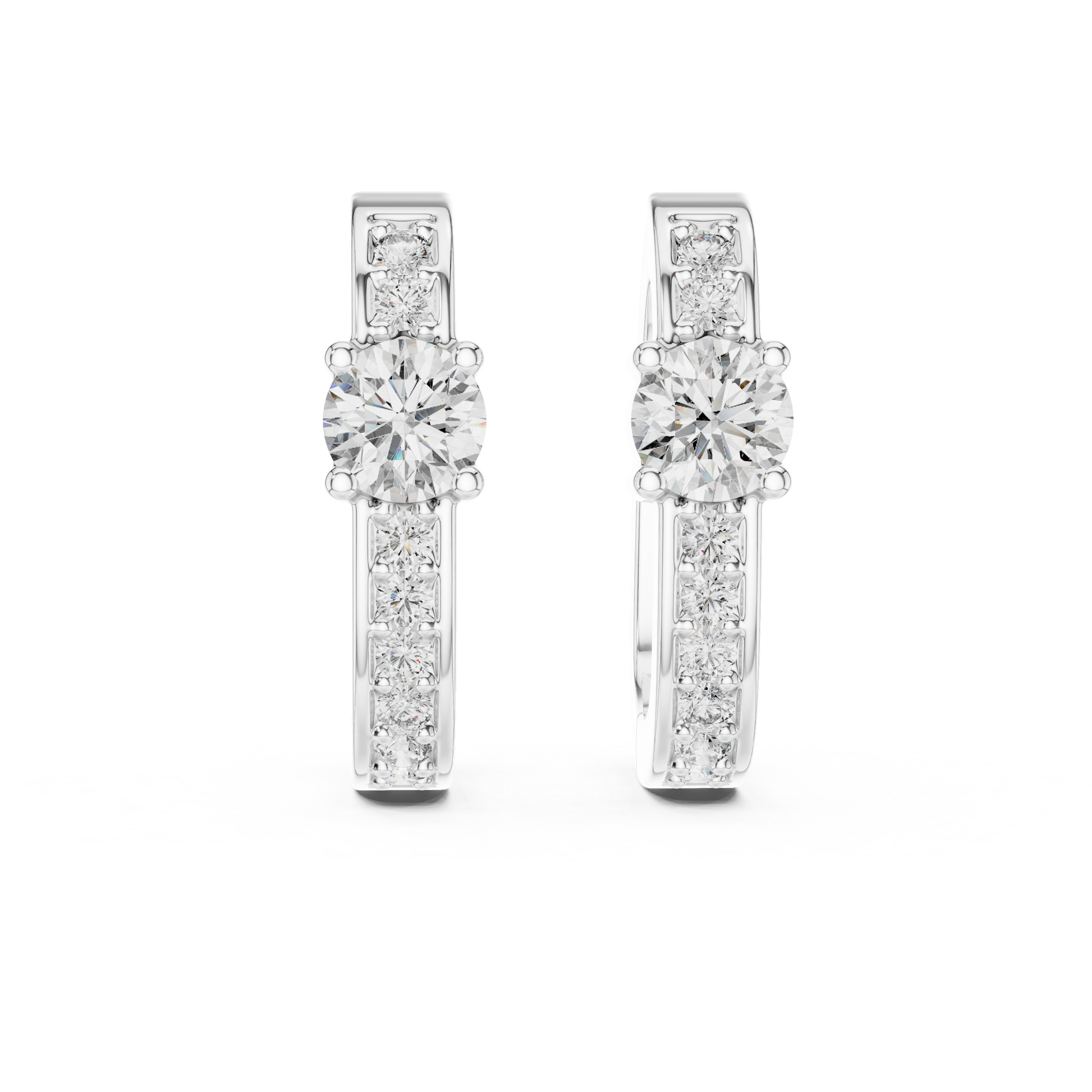 Prominent Center Round Diamond Surrounded By Smaller Pavé-Set Stones Hoop Earrings 