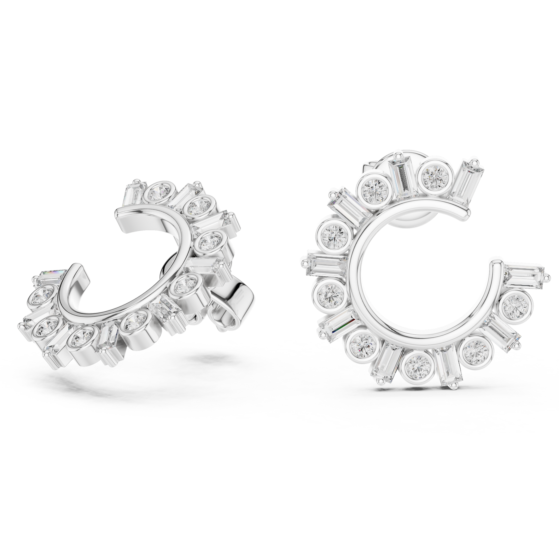 Baguette & Round Cut Mixed Fancy Shape Diamond 925 Sterling Silver Hoop Earrings