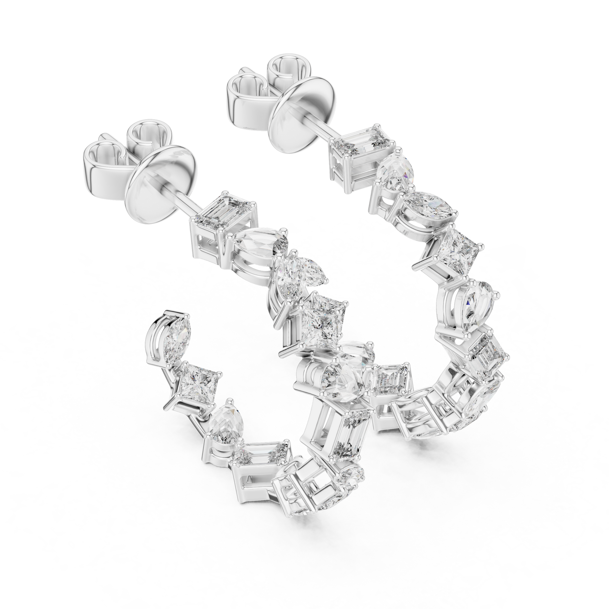 Deluxe Multi Cut Mixed Fancy Shape Diamond 925 Sterling Silver Hoop Earrings