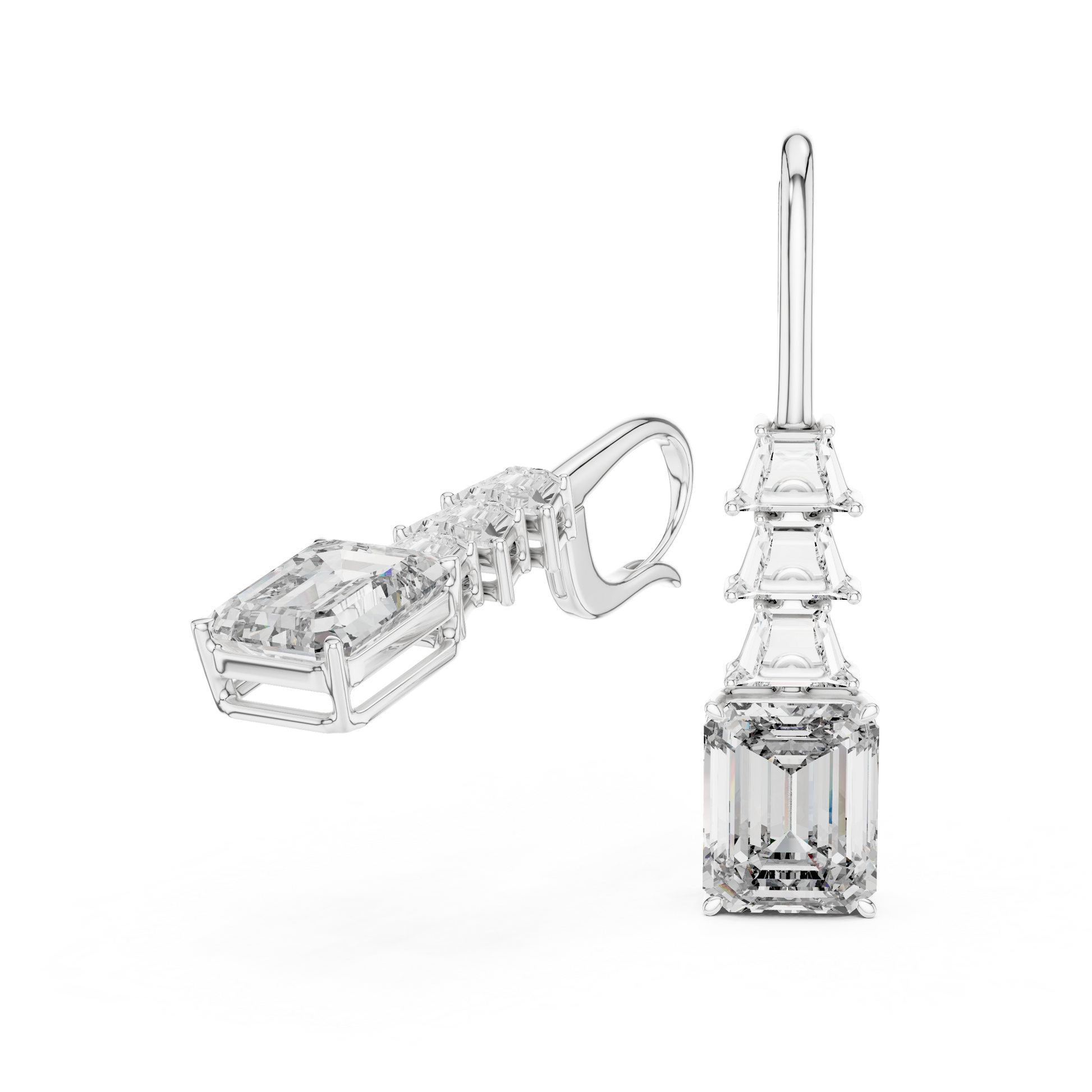 Emerald & Trapezoid Shape Moissanite Diamond Drop Or Dangle Setting 925 Sterling Silver Earrings