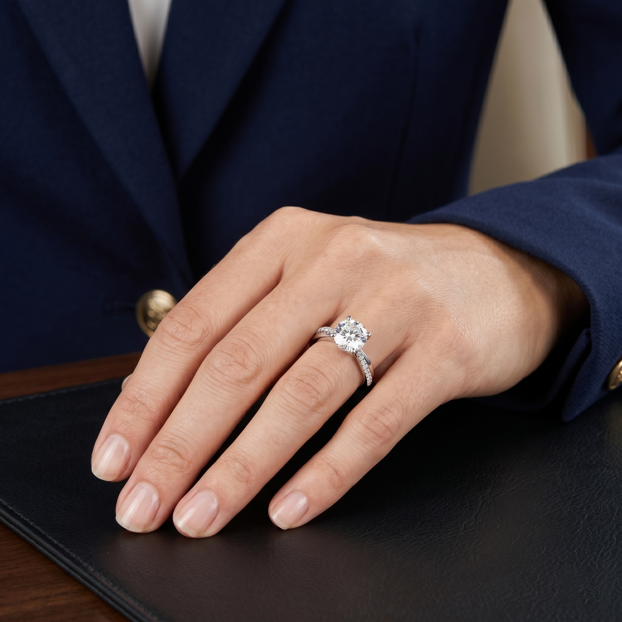 Sterling Silver Round-cut Moissanite Solitaire Engagement Ring with Distinctive Twisted Band