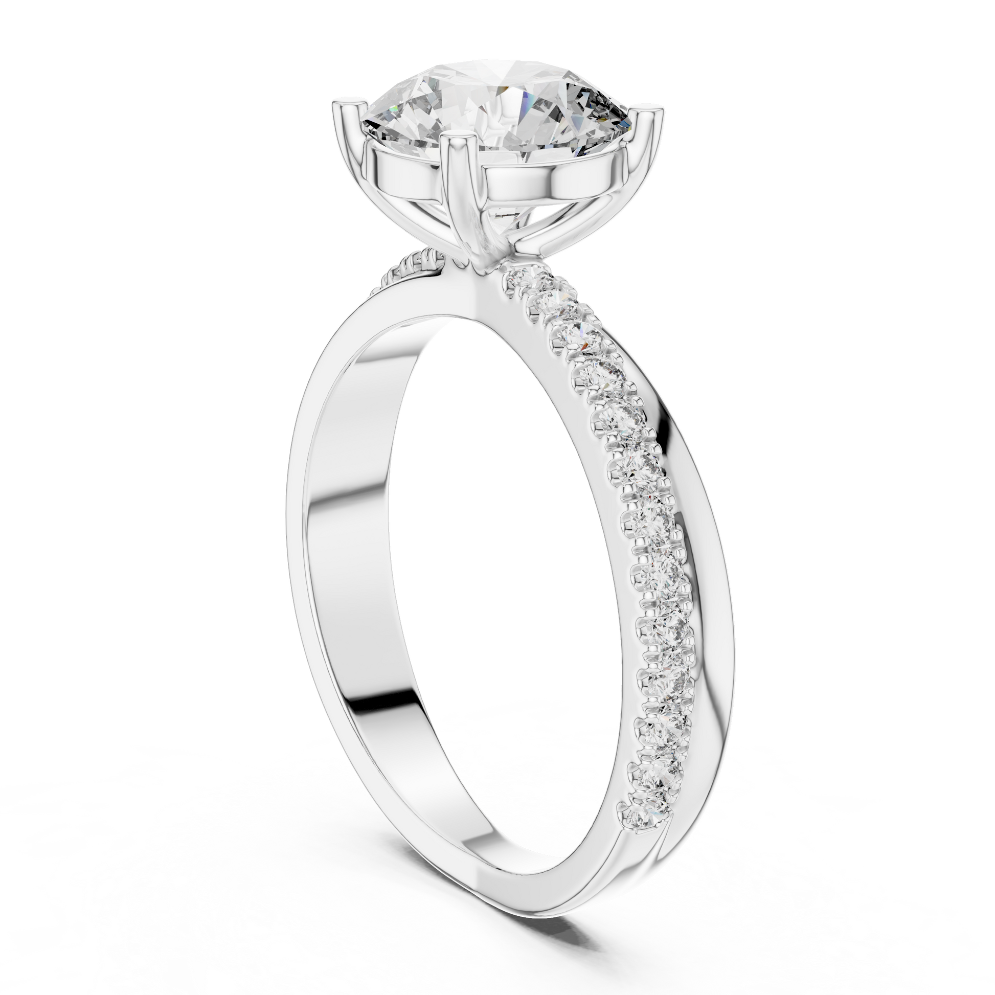 Sterling Silver Round Brilliant-cut Moissanite Solitaire Engagement Ring with Distinctive Twisted Band