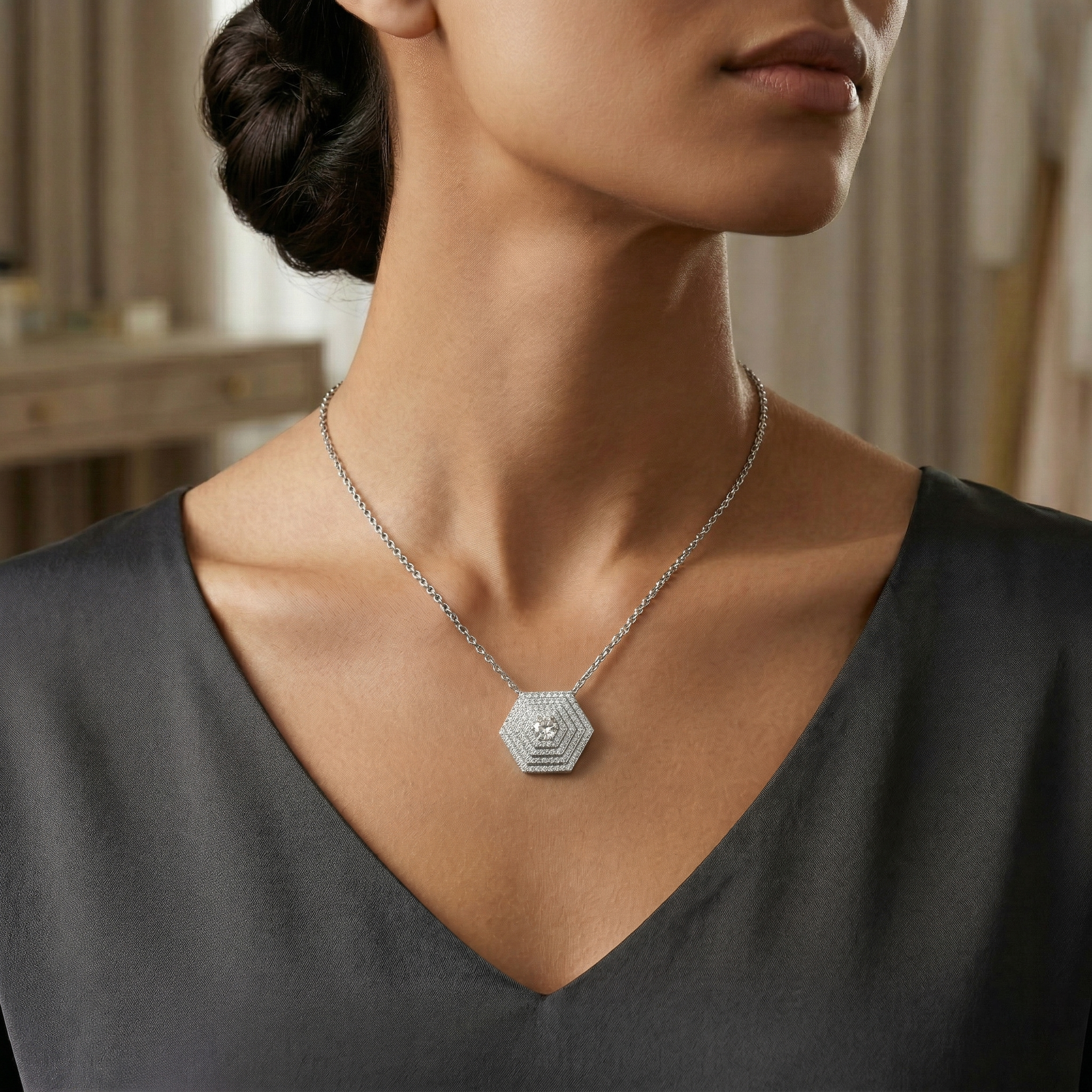 Round Moissanite Hexagon Pendant Sterling Silver Necklace