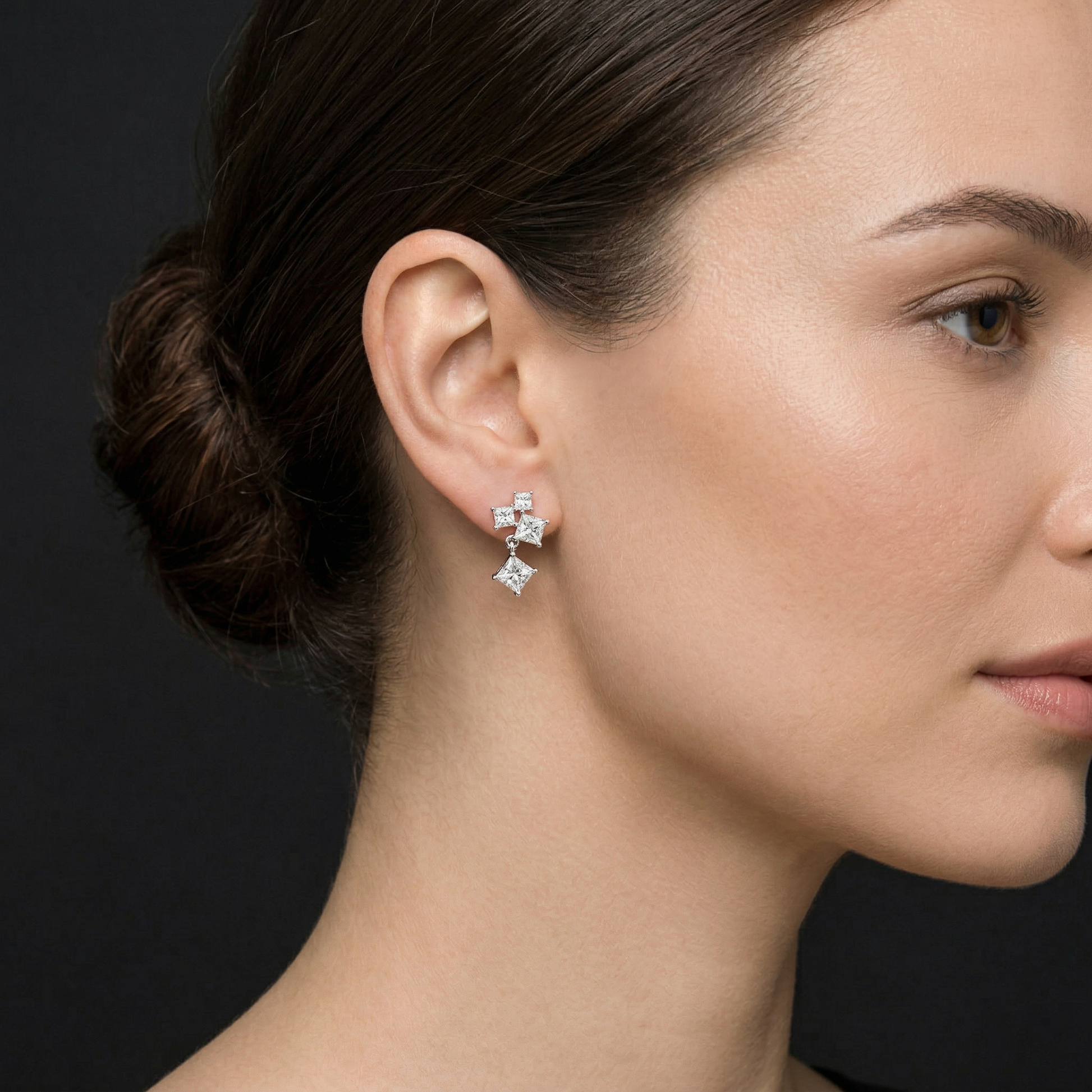 Princess Shape Fancy Moissanite Diamond 925 Sterling Silver Tiered Dangle & Drop Earrings