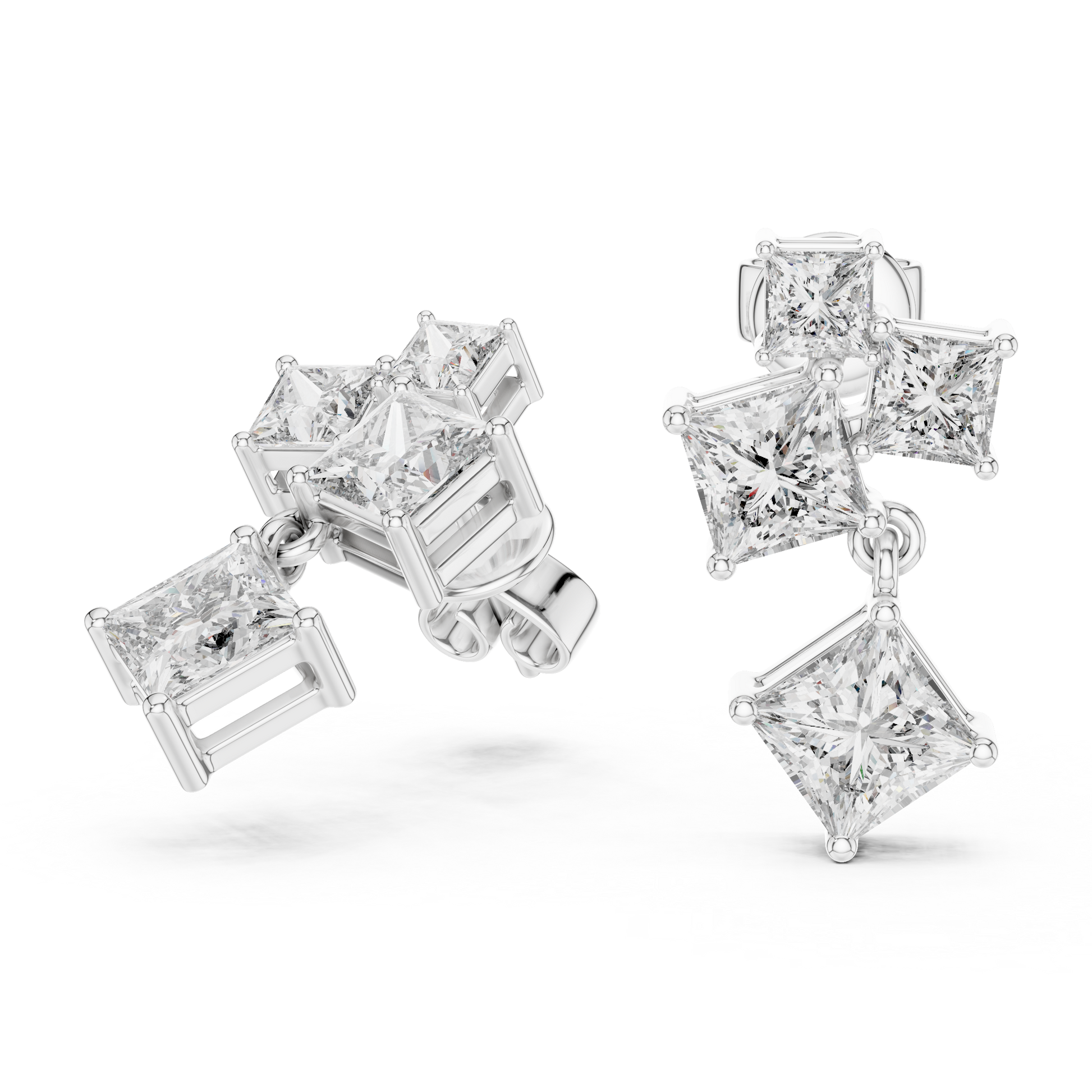 Princess Shape Fancy Moissanite Diamond 925 Sterling Silver Tiered Dangle & Drop Earrings