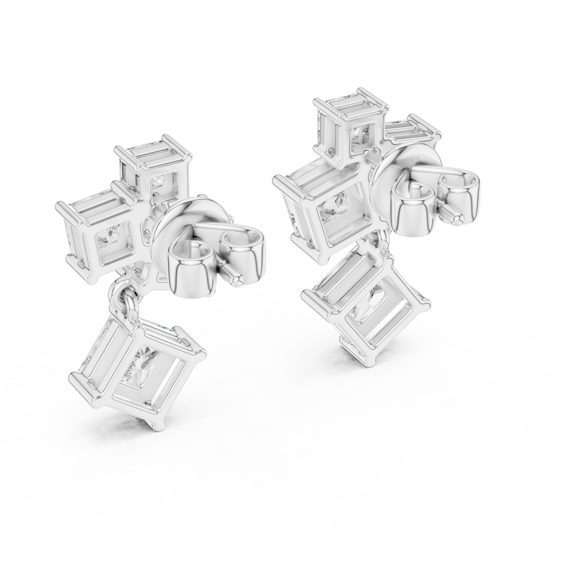 Princess Shape Fancy Moissanite Diamond 925 Sterling Silver Tiered Dangle & Drop Earrings