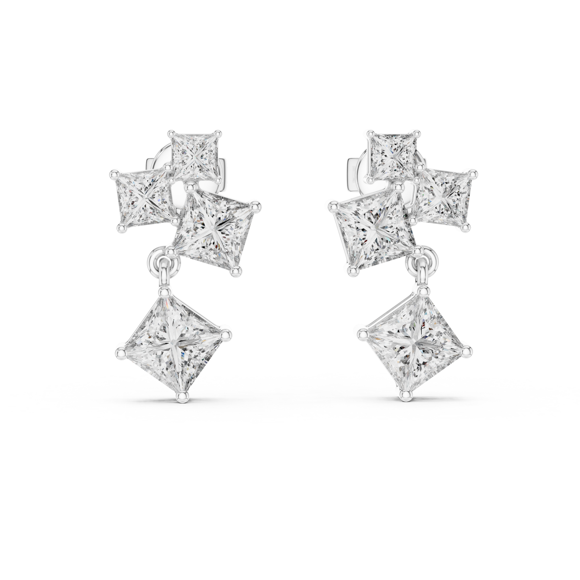 Princess Shape Fancy Moissanite Diamond 925 Sterling Silver Tiered Dangle & Drop Earrings