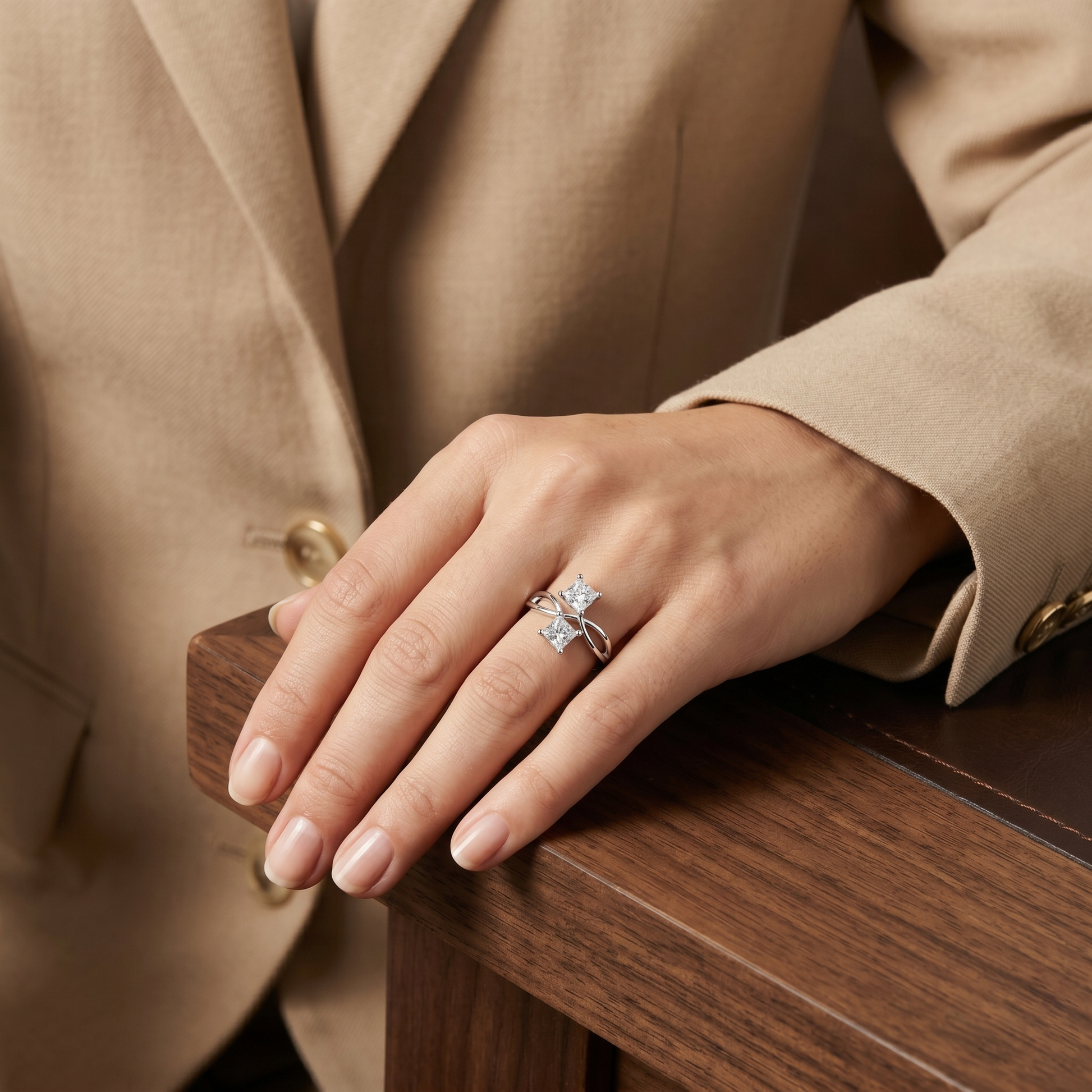 Toi et Moi (You and Me) Bypass Style Princess Cut Moissanite Sterling Silver Engagement Ring