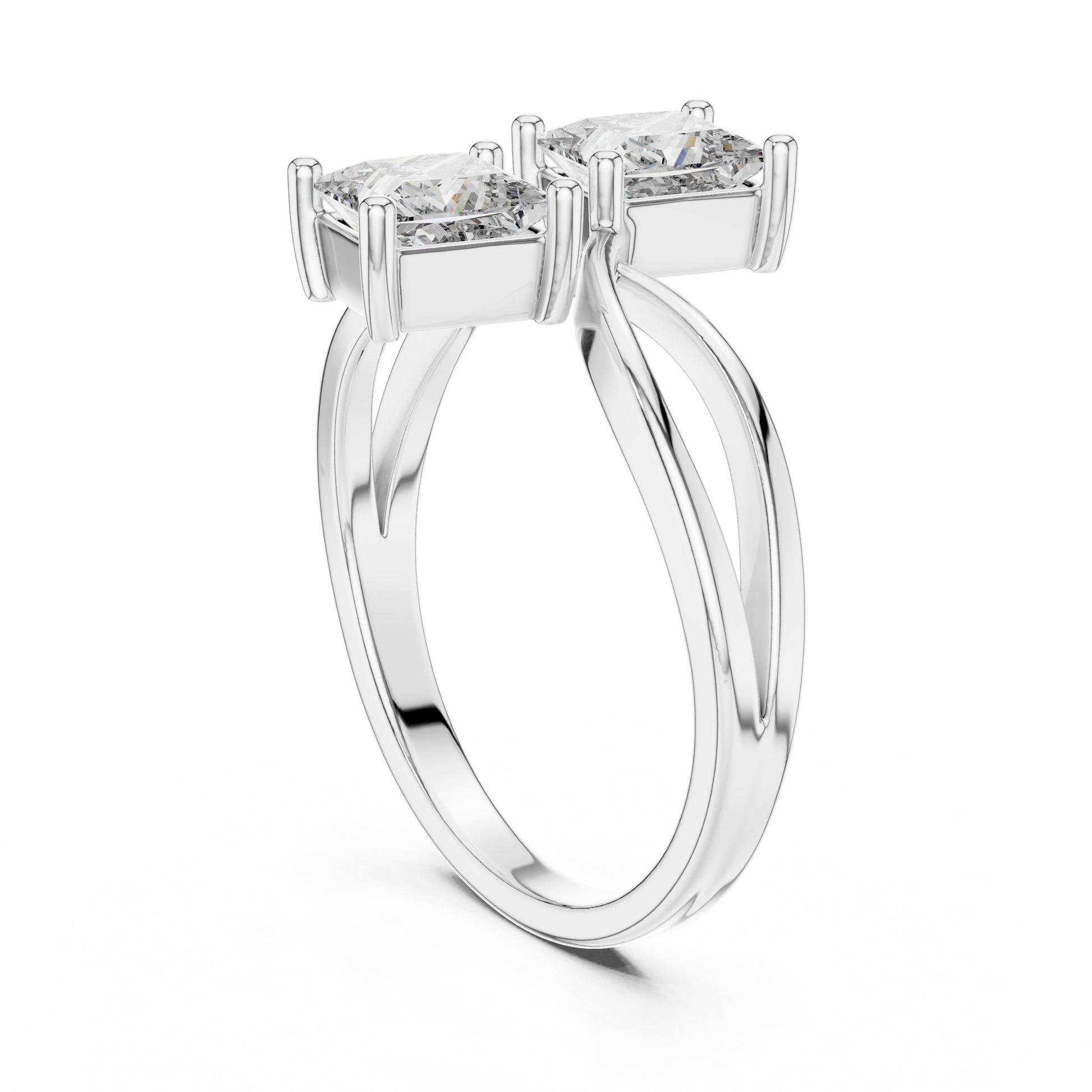 Toi et Moi (You and Me) Bypass Style Princess Cut Moissanite Sterling Silver Engagement Ring