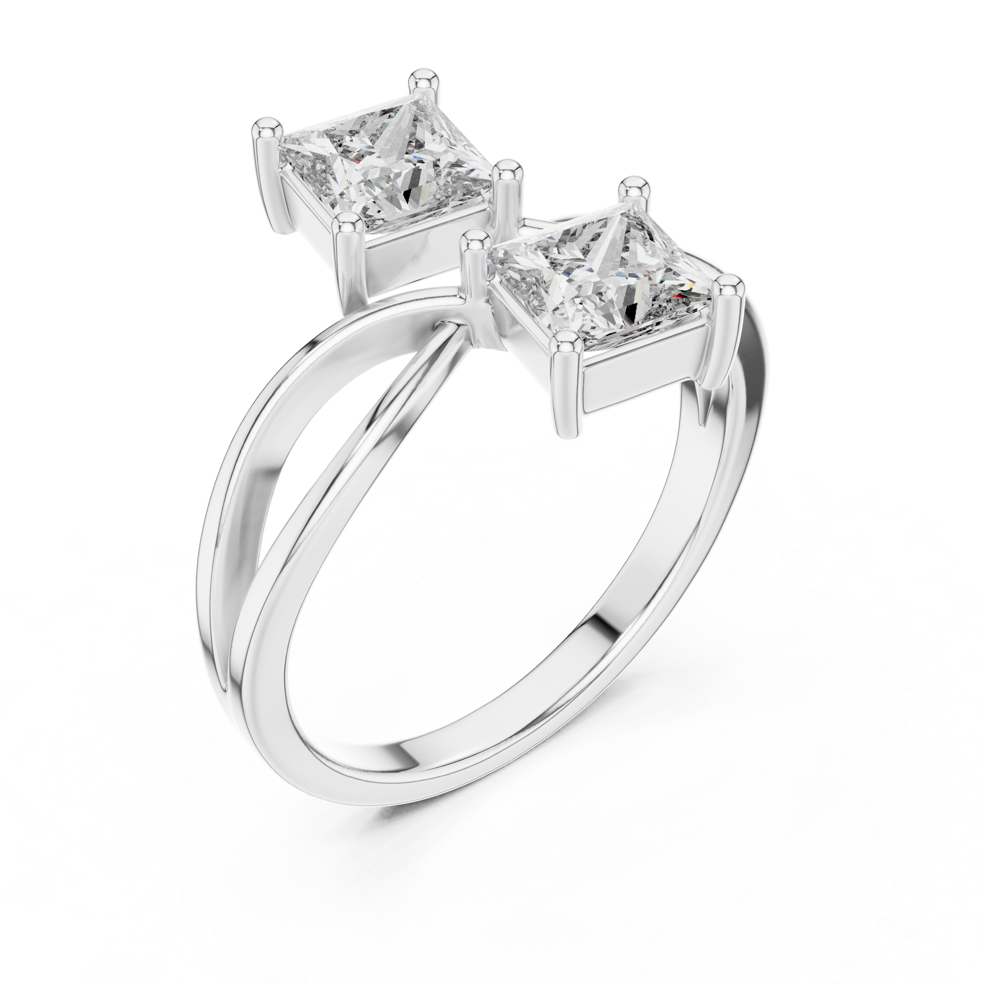 Toi et Moi (You and Me) Bypass Style Princess Cut Moissanite Sterling Silver Engagement Ring
