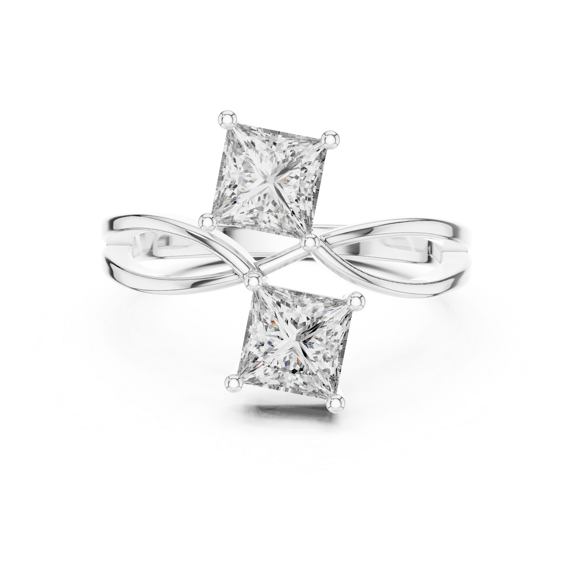 Toi et Moi (You and Me) Bypass Style Princess Cut Moissanite Sterling Silver Engagement Ring