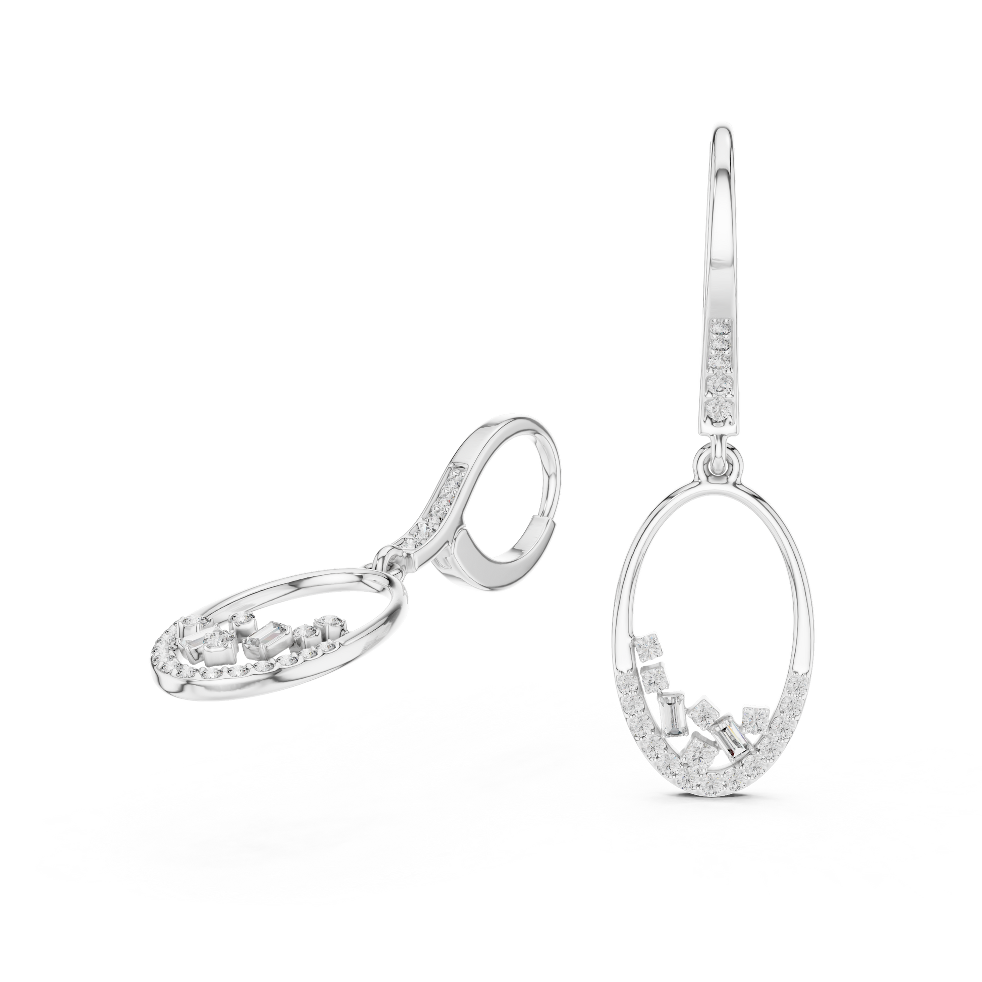 Round & Baguette Shape Moissanite Diamond Sterling Silver Luxe Diamond Hoop Earrings