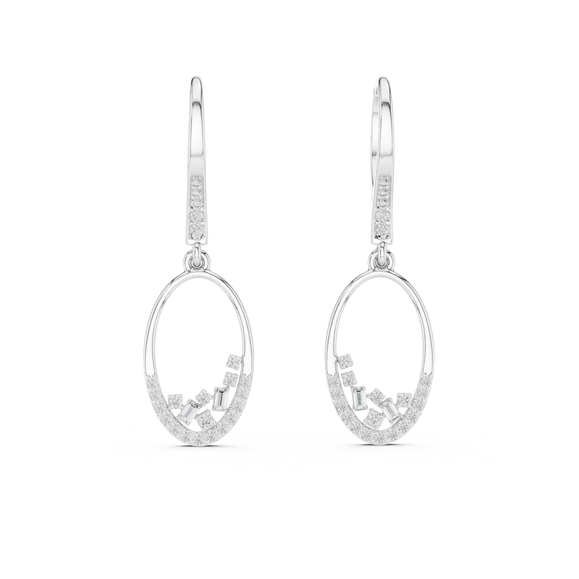 Round & Baguette Shape Moissanite Diamond Sterling Silver Luxe Diamond Hoop Earrings